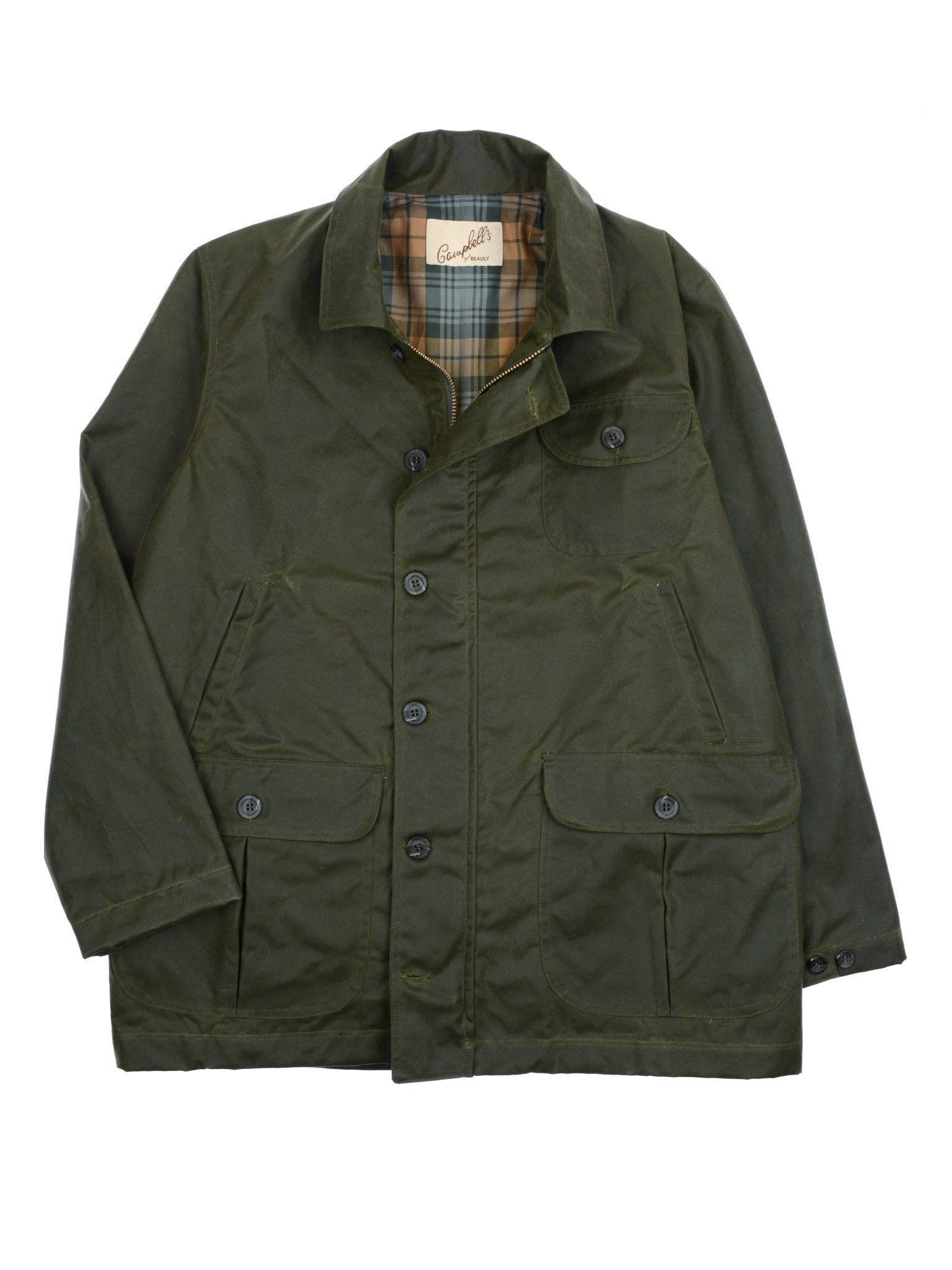 The Garve Jacket by Campbell's of Beauly is a dark green waxed cotton jacket with plaid lining, button front, two large flap pockets, and a chest pocket for classic field style, shown flat on a white background.