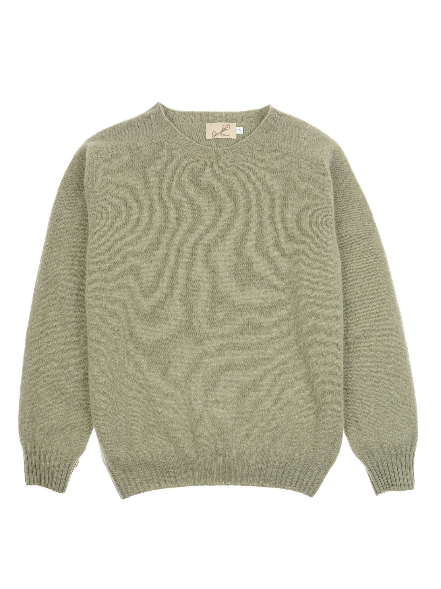 The Campbell's of Beauly Geelong Lambswool Crew Neck Jumper in light olive green features ribbed cuffs, collar, and hem. This soft, long-sleeve sweater is made in Scotland, ensuring quality and comfort. Displayed flat on a white background.