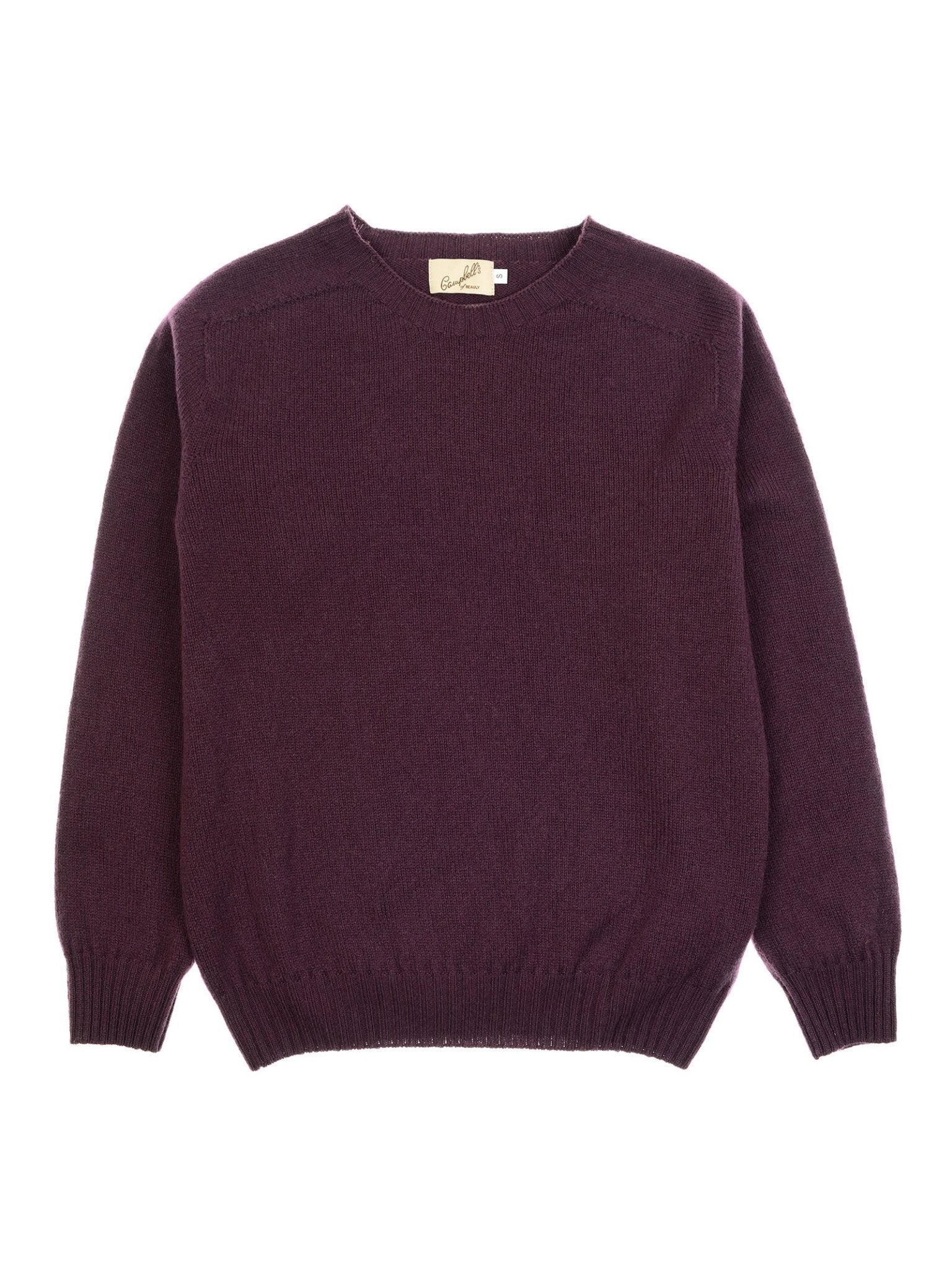 The Campbell's of Beauly Geelong Lambswool Crew Neck Jumper in dark purple, made in Scotland from soft lambswool, features ribbed cuffs, hem, and neckline. It is shown laid flat on a white background.