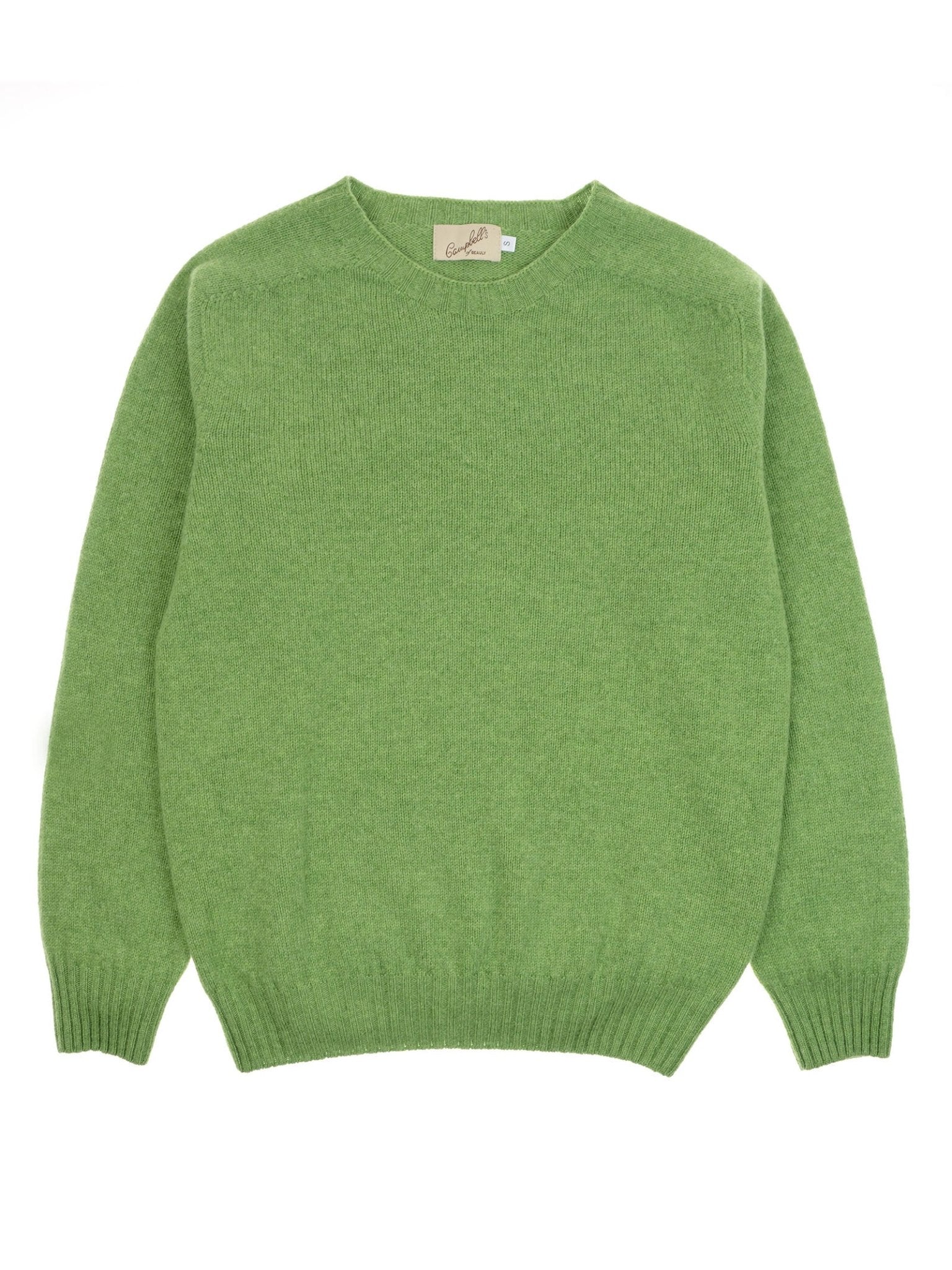 The Campbell's of Beauly Geelong Lambswool Crew Neck Jumper in light green features long sleeves, ribbed cuffs and waistband. Made in Scotland, this plain knit sweater is shown laid flat on a white background.