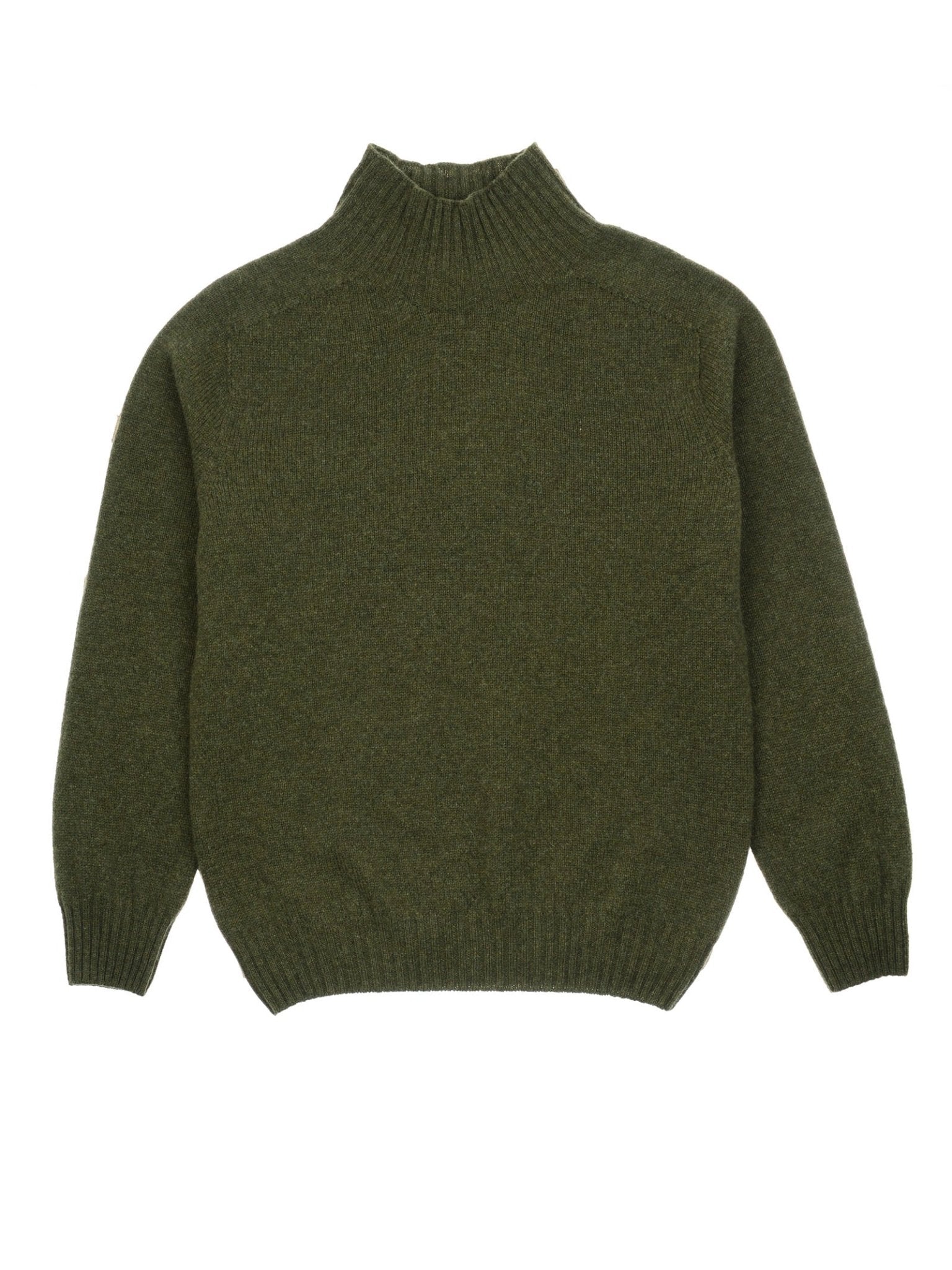 The Campbell's of Beauly Geelong Lambswool Funnel Neck is a plain, long-sleeved dark green sweater with high ribbed neck, cuffs, and hem, shown flat on a white background.