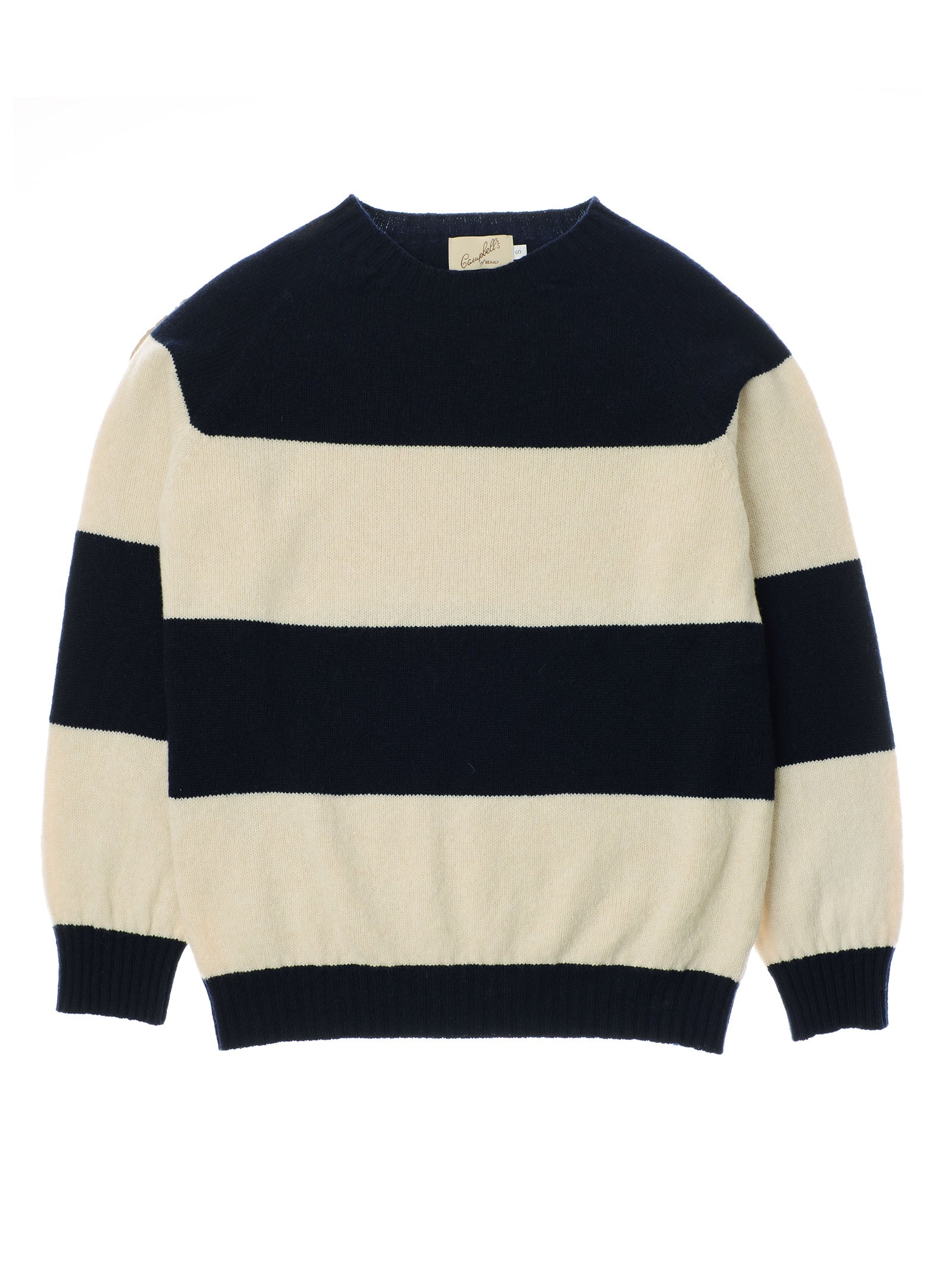 The Campbell's of Beauly Geelong Stripe Crew is a Scottish-knitted jumper with wide navy and cream stripes, crew neck, and long sleeves, shown flat on a white background.