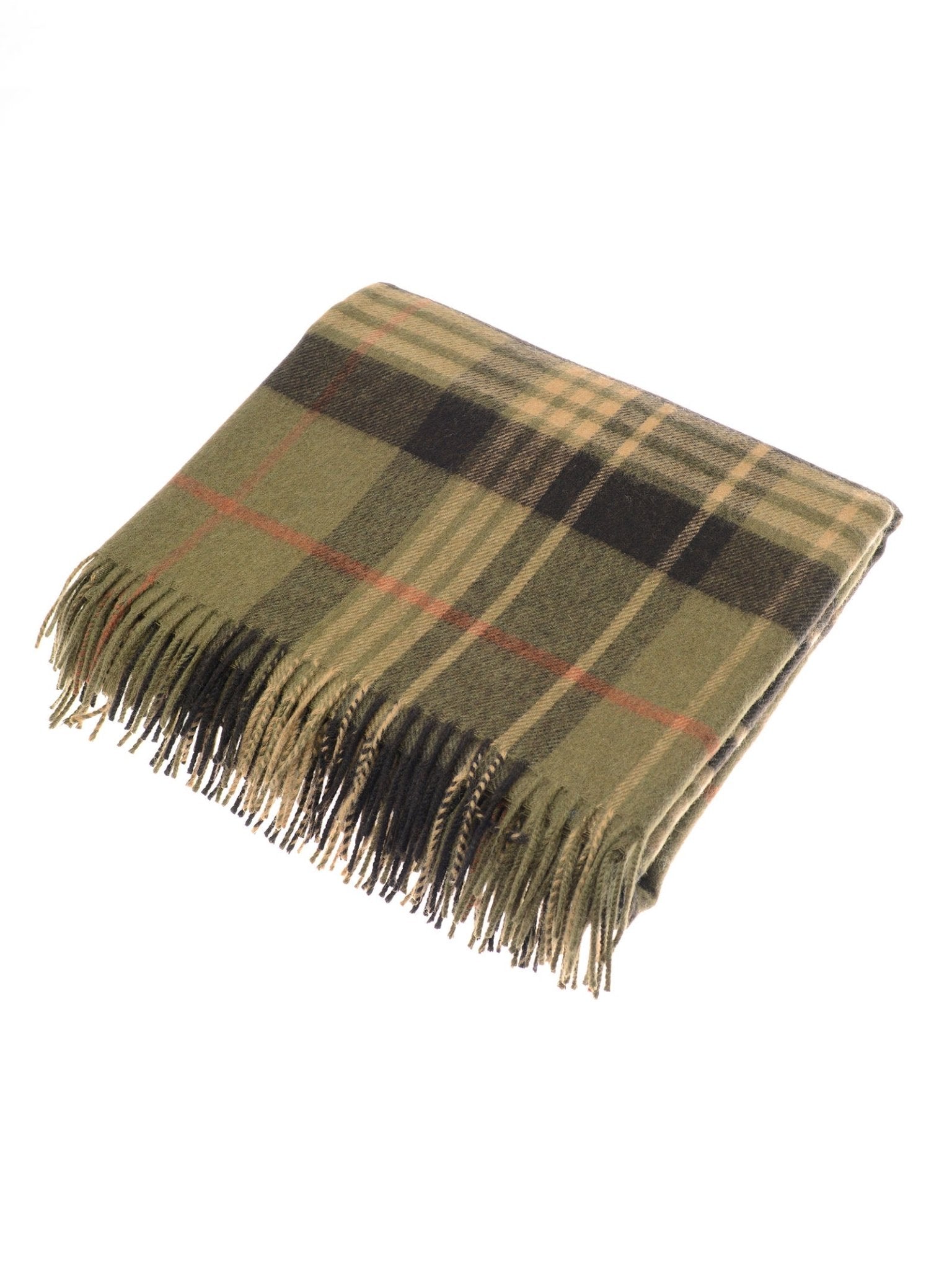 The Glassburn Merino Throw by Campbell's of Beauly, featuring a green, black, and brown plaid pattern with fringed edges, is woven in the UK and displayed on a white background.