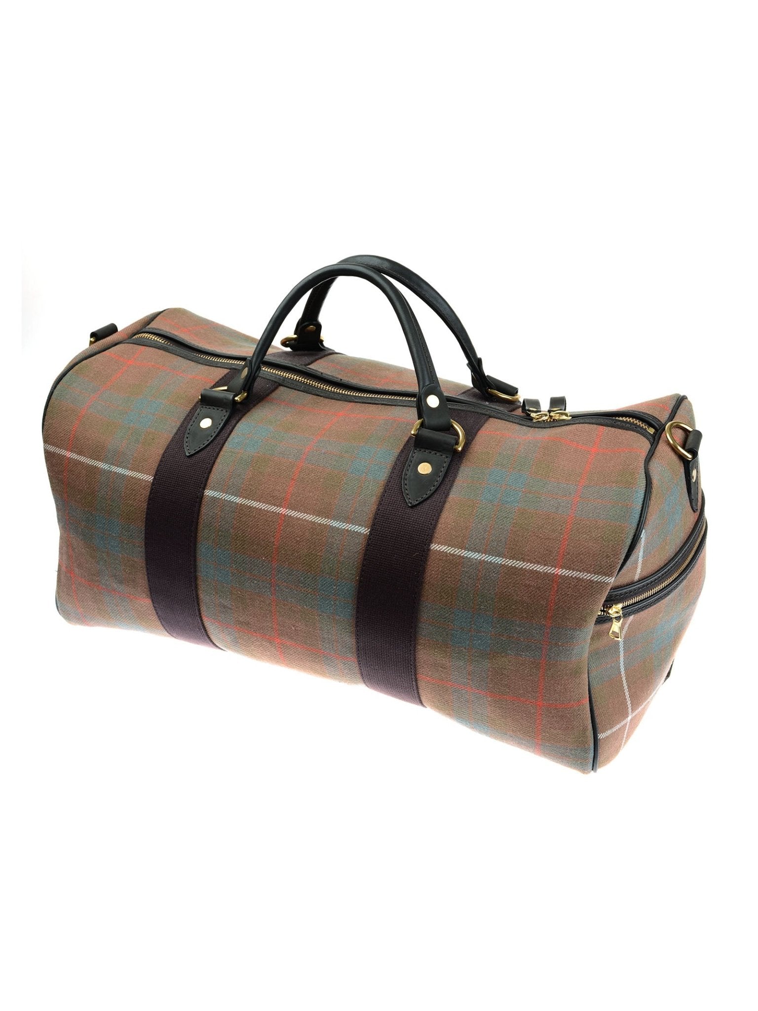 The Hand Luggage Fraser Tartan Holdall by Campbell's of Beauly features black vegetable-tanned leather handles, gold hardware, and a zip closure—an ideal travel companion set against a white background.