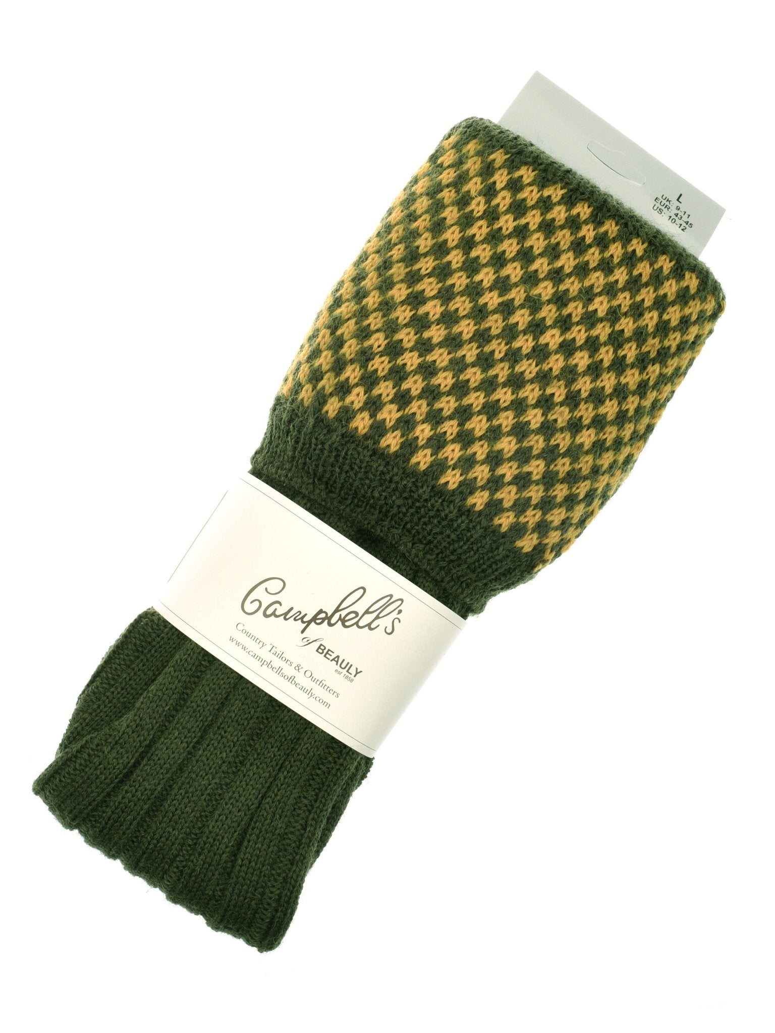 A pair of green and yellow Hopstitch Shooting Socks by Campbell's of Beauly, crafted from premium wool with a diamond pattern and ribbed cuff, neatly folded with a white label—ideal for classic fieldwear elegance.