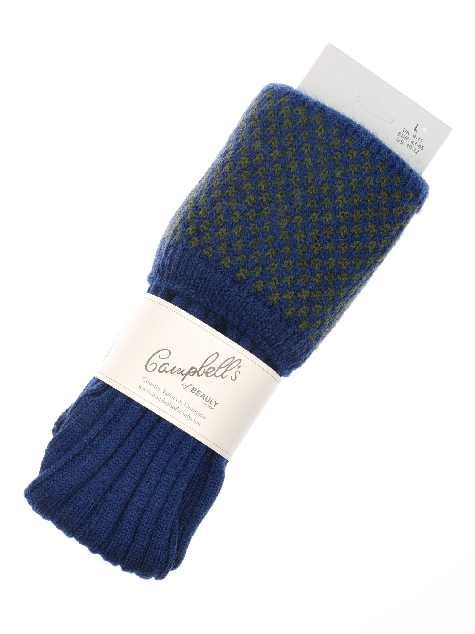 A pair of folded blue and green patterned Hopstitch Shooting Socks by Campbell’s of Beauly with a white branded label wrapped around them and a size tag protruding at the top.