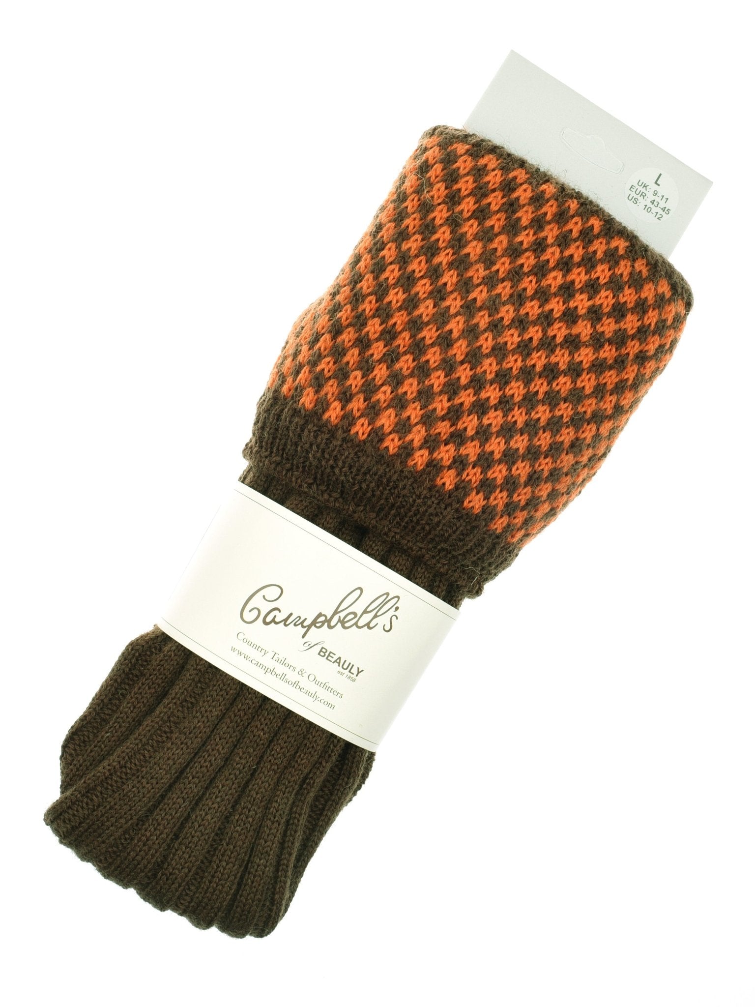 The Hopstitch Shooting Socks by Campbell’s of Beauly are brown premium wool socks with an orange and brown houndstooth pattern, folded with a branded label and white cardboard insert—ideal as classic shooting socks or stylish fieldwear.