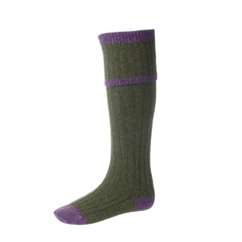 The Kyle Socks by Campbells of Beauly are knee-high, ribbed, and crafted from soft merino wool in Scotspine green with reinforced foot details and purple accents at the top, heel, and toe, shown on a white background.