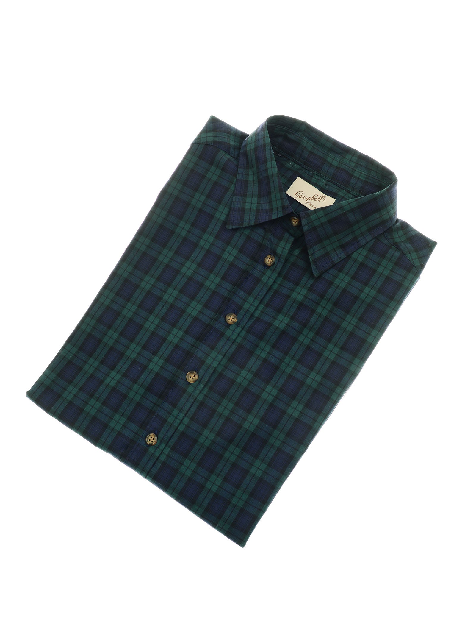 The Campbell's of Beauly Cotton Tartan Shirt features classic blue and green Blackwatch plaid and long sleeves, neatly folded on a white background.