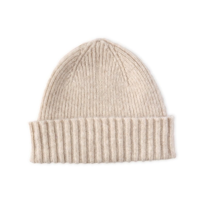 The Cream Lambswool Hat by Campbell's of Beauly is a ribbed knit hat with a folded brim, shown on a white background. This cozy accessory draws inspiration from the traditions of the Scottish Borders.