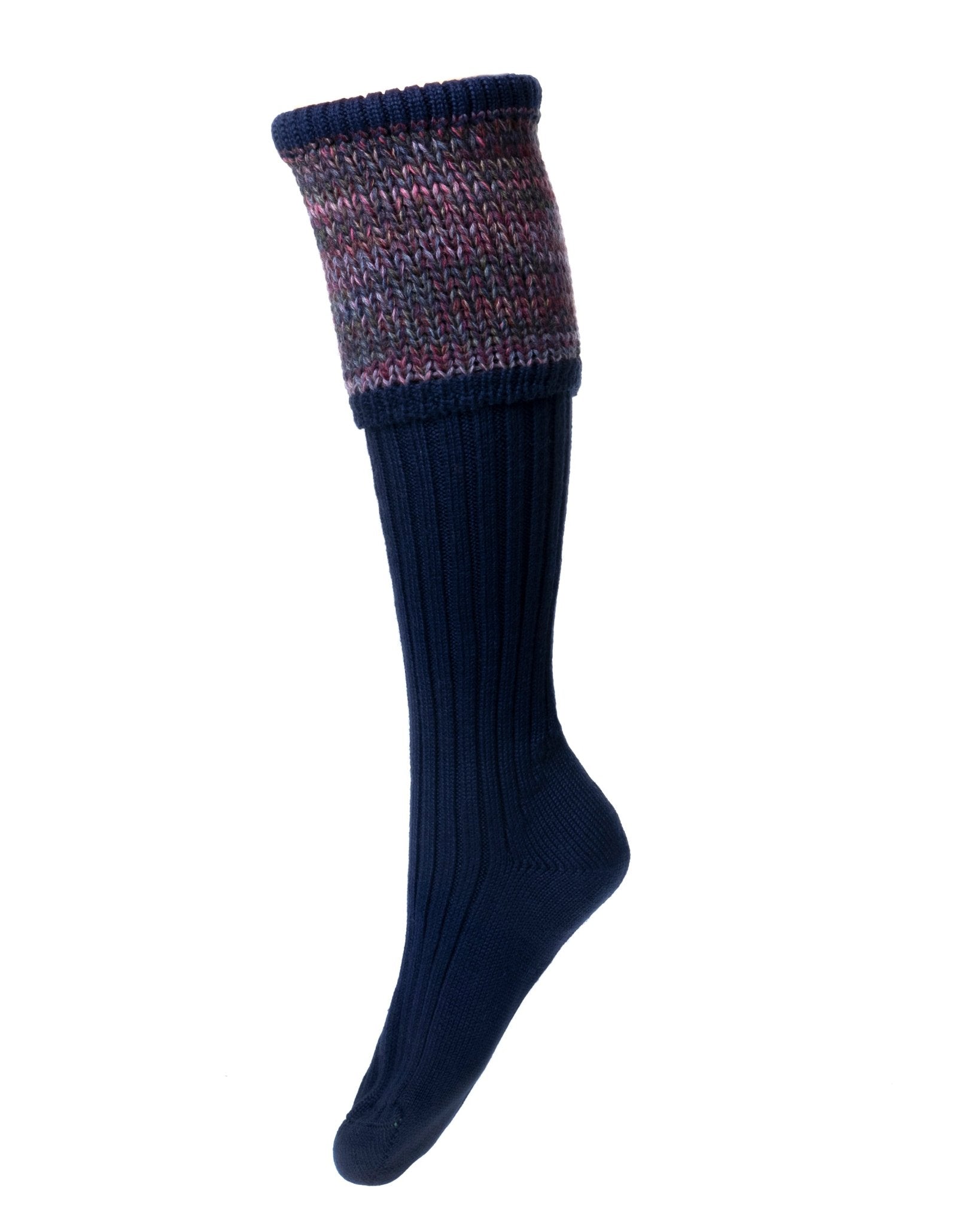 The Campbell's of Beauly Auld Stock Merino Katrine Shooting Sock in navy features a thick, multicolored cuff in purple, pink, and gray. Displayed on an angled mannequin leg against a white background, this sock is handmade in Scotland.