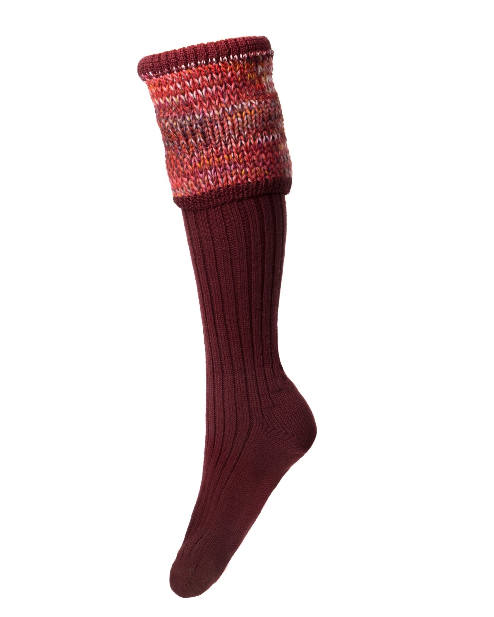 A single Auld Stock Merino Katrine Shooting Sock by Campbell's of Beauly in red, featuring a thick, textured, rolled cuff in shades of red, orange, and purple. Handmade in Scotland and shown on a white background.