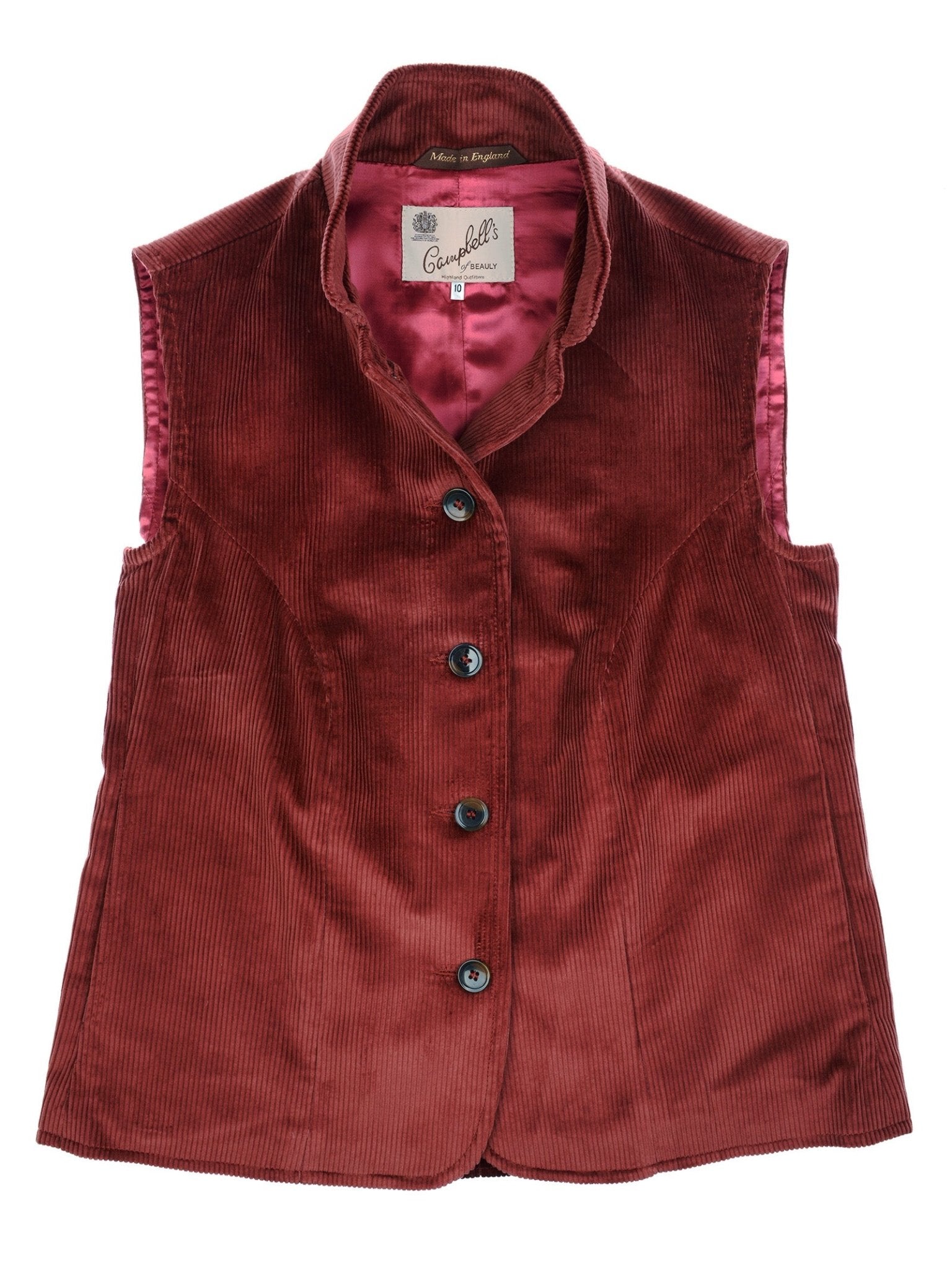 The Auld Stock Corduroy Gilet by Campbell's of Beauly is a maroon, sleeveless button-up in cotton corduroy with a stand-up collar and satin lining—ideal for adding timeless country elegance to your outfit.