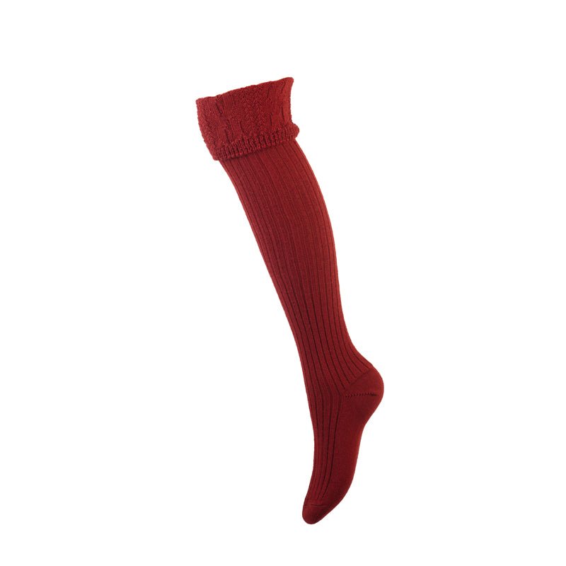 A single, long, ribbed chestnut Merino Glenmore Shooting Sock by Campbells of Beauly with a folded cuff is shown against a white background.