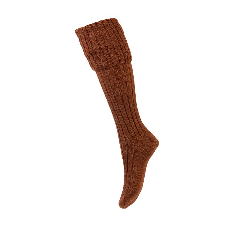 A single flaxen Merino Harris Shooting Sock by Campbells of Beauly, knee-high with a wide folded cuff and ribbed detail, is displayed on a white background.