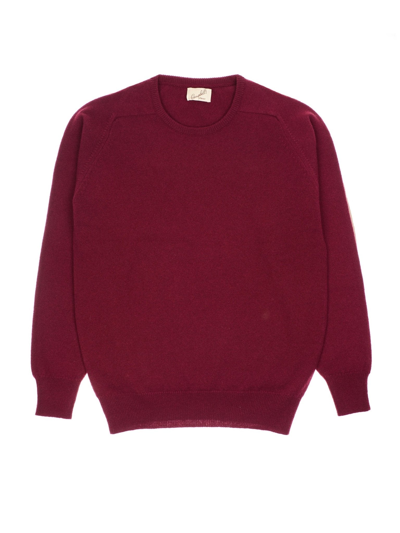 The Campbell's of Beauly Lambswool Crew Neck Jumper is a plain, long-sleeved sweater in deep burgundy with a classic fit, shown flat on a white background.