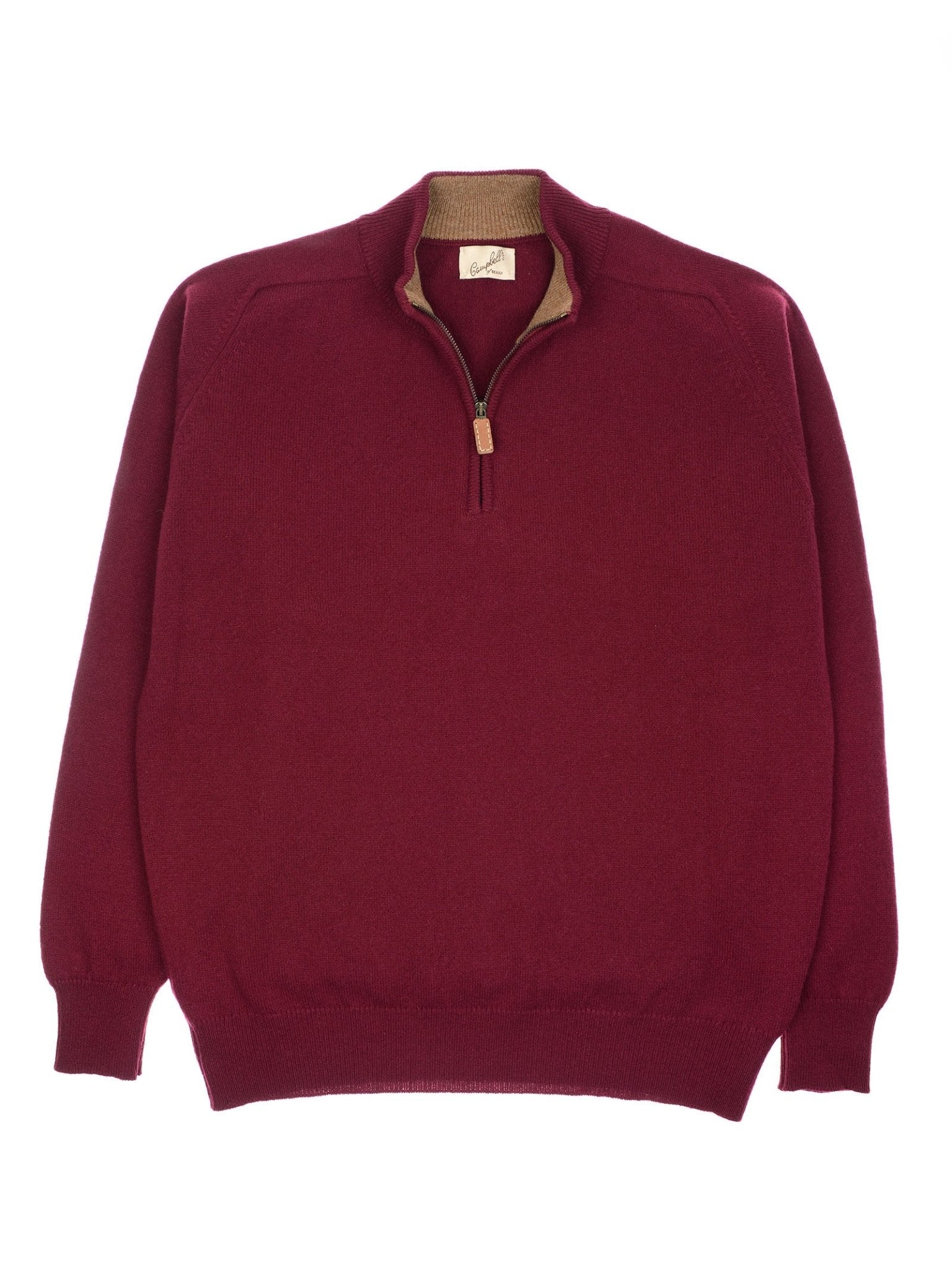 The Campbell's of Beauly Lambswool Quarter Zip Jumper in maroon, made in Scotland, features a half-zip collar with tan inner lining. Shown laid flat on a white background.