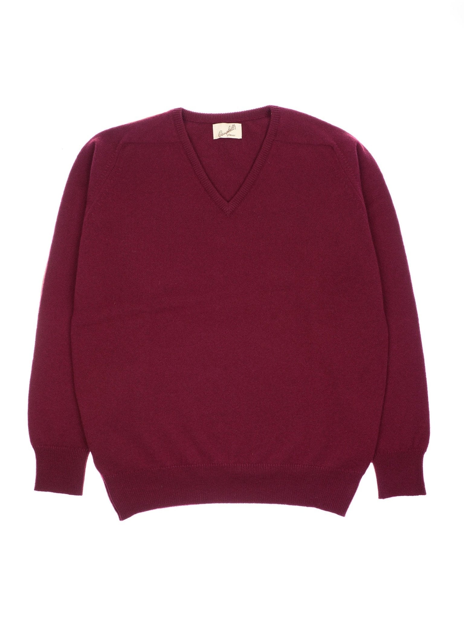 The Campbell's of Beauly Lambswool V-Neck Jumper in maroon features long sleeves, ribbed cuffs and hem, a classic fit, and is displayed laid flat on a white background.