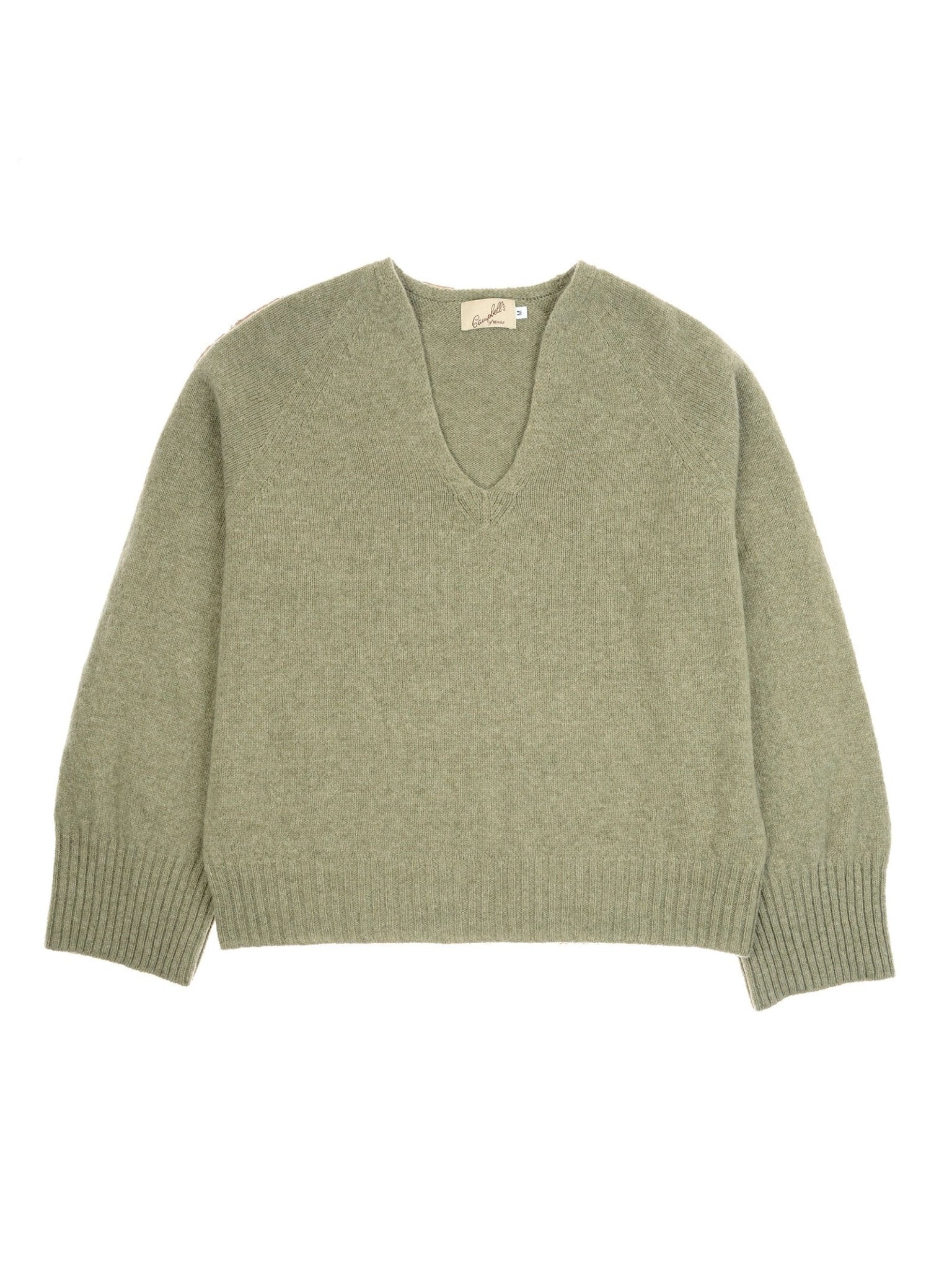The Campbell's of Beauly Geelong Lambswool V Jumper in light olive green features a V-neck, long sleeves, and ribbed cuffs, hem, and neckline. Sweater is shown laid flat on a white background.
