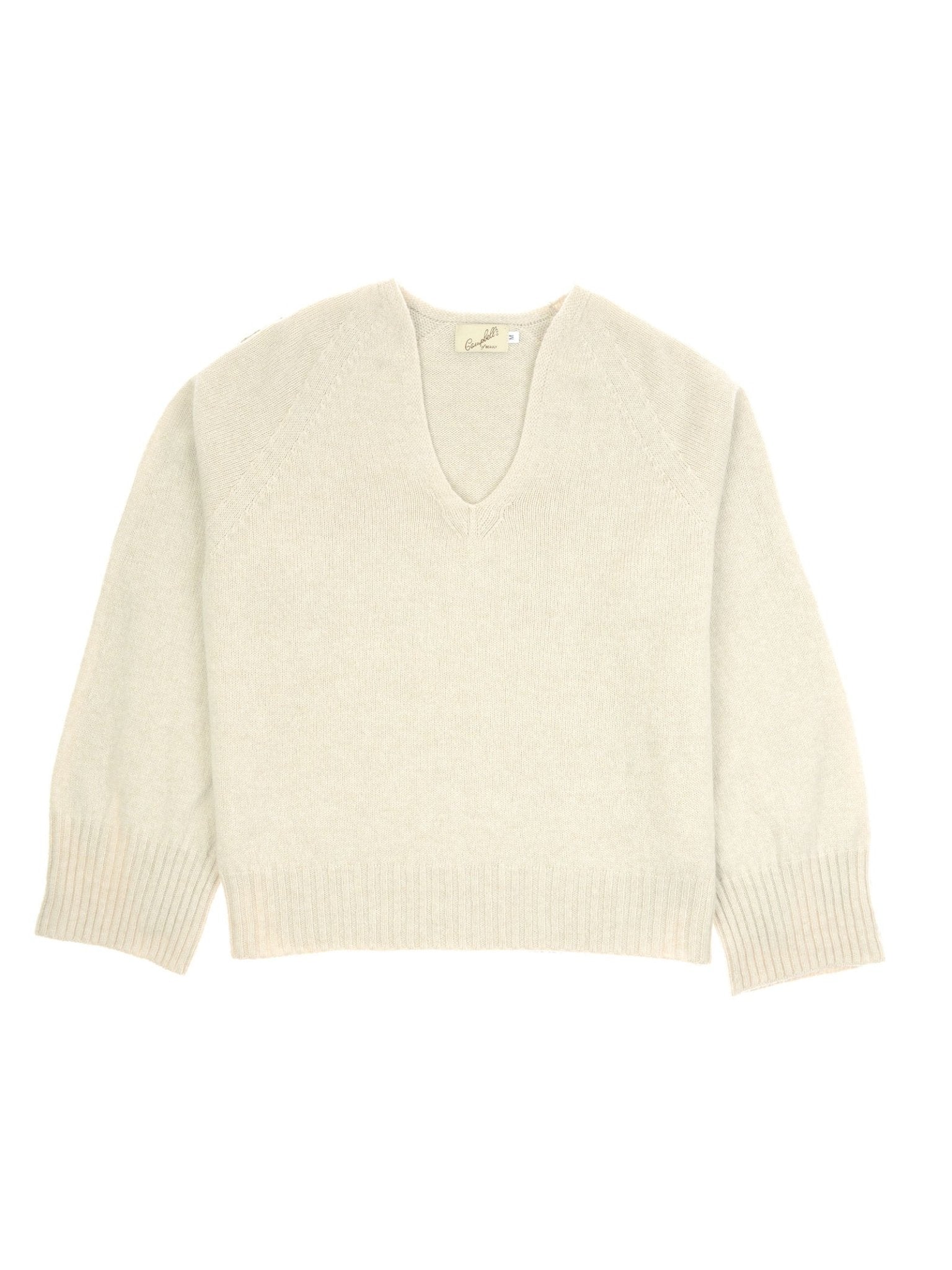 The Campbell's of Beauly Geelong Lambswool V Jumper is a light beige, long-sleeve knit sweater with a V neckline, ribbed cuffs and hem, made in Scotland from soft Geelong Lambswool and shown laid flat on a white background.