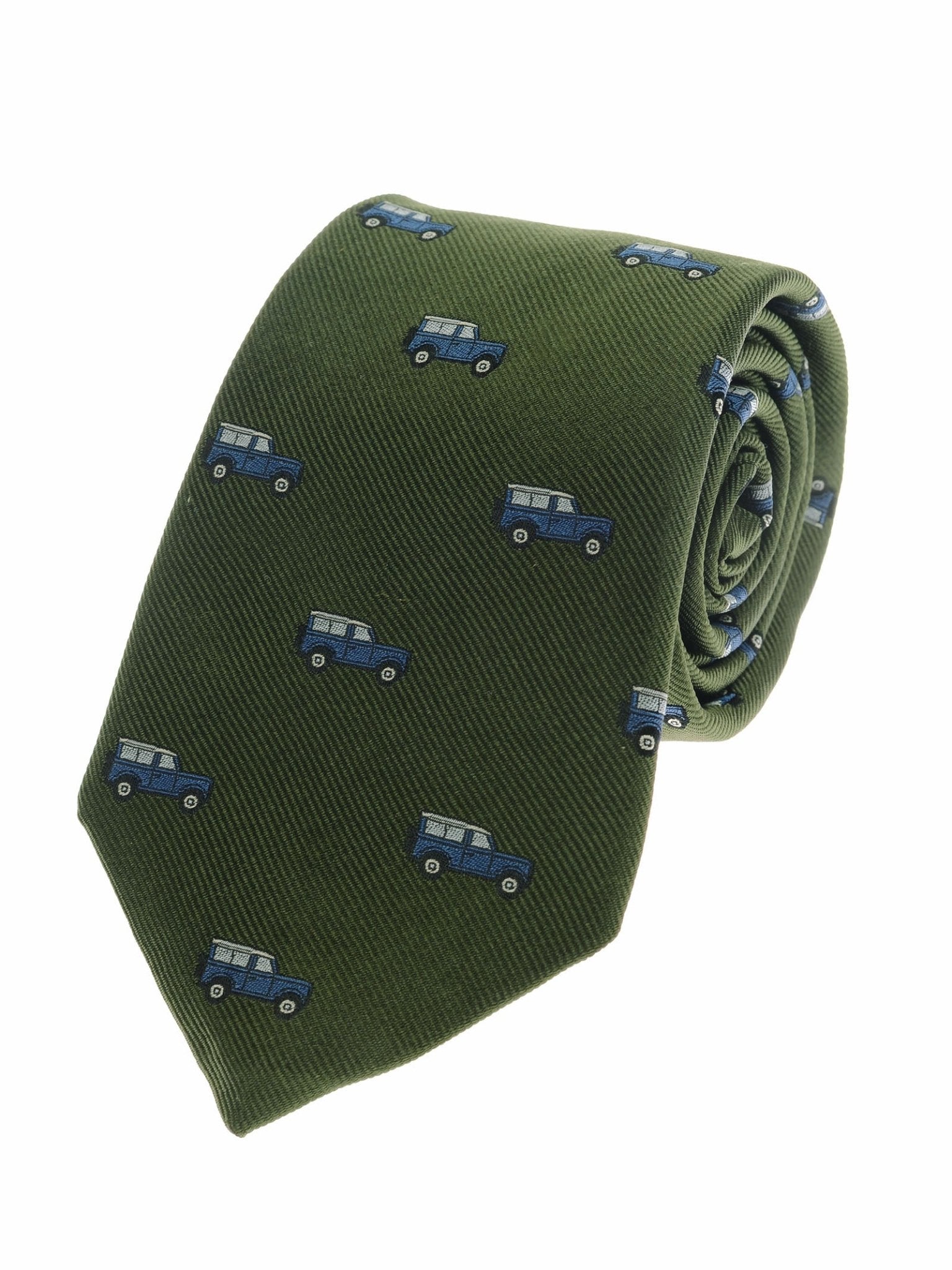 The Campbell's of Beauly Land Rover Defender Tie in olive features a woven silk design with small blue cars, celebrating British motoring heritage—neatly rolled on a white background.