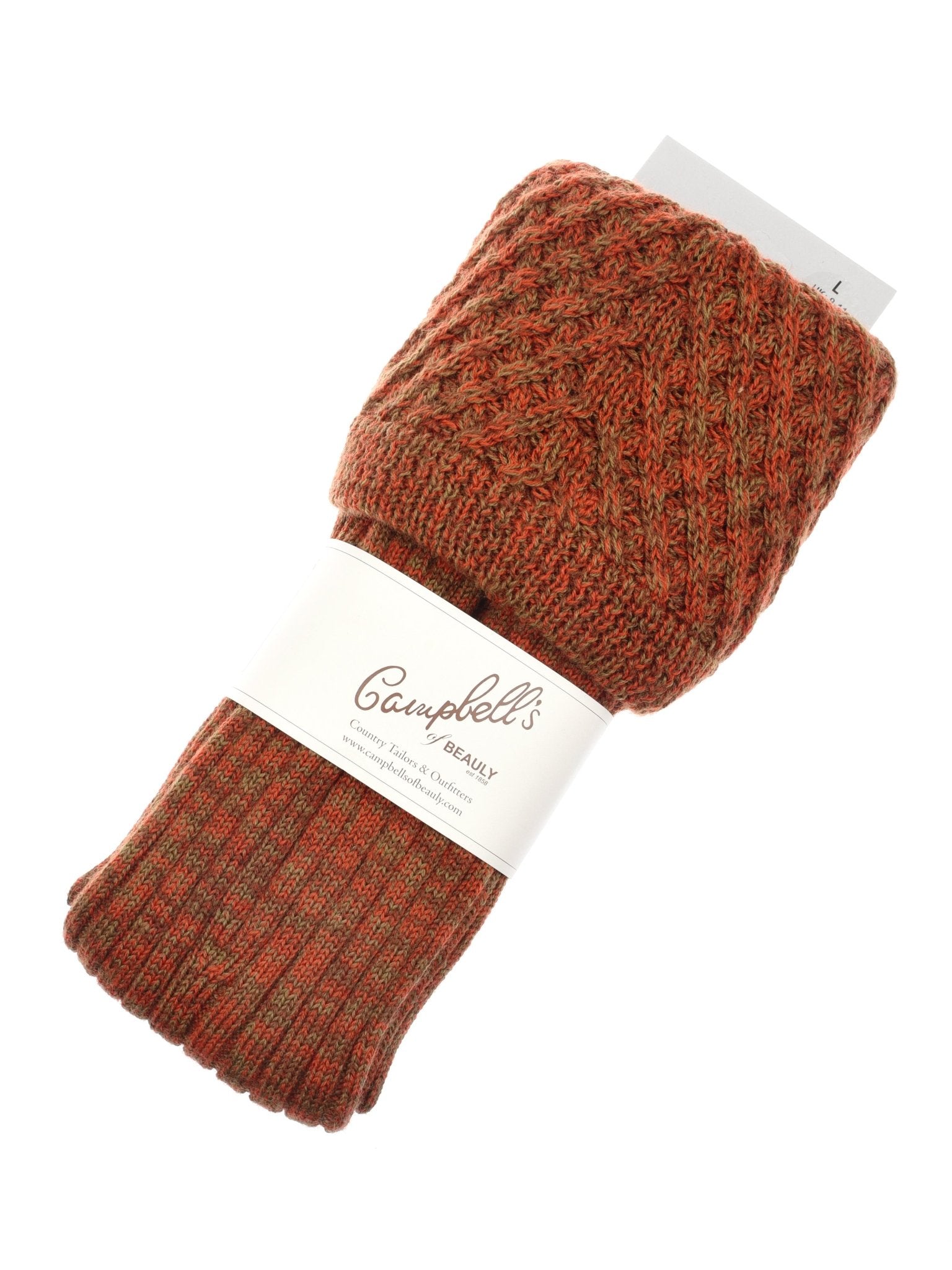 A pair of Campbell’s of Beauly Lattice Shooting Socks, thick and textured in reddish-brown merino wool, is neatly folded and wrapped with a white Campbell’s of Beauly label.