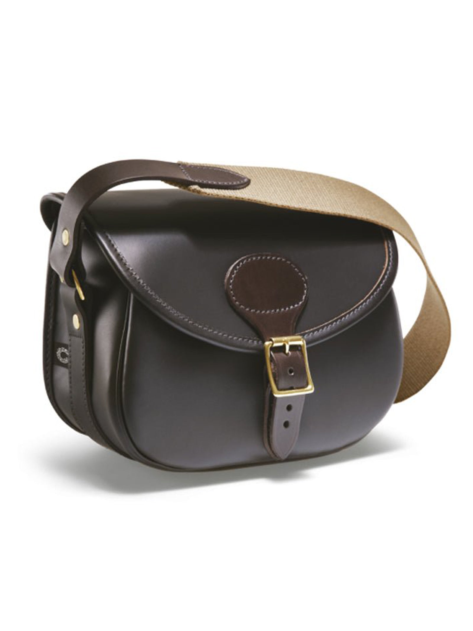 The Campbell's of Beauly Leather Cartridge Bag features dark brown bridle leather, a light brown fabric strap, gold buckle, and stitched flap detailing, shown against a white background.