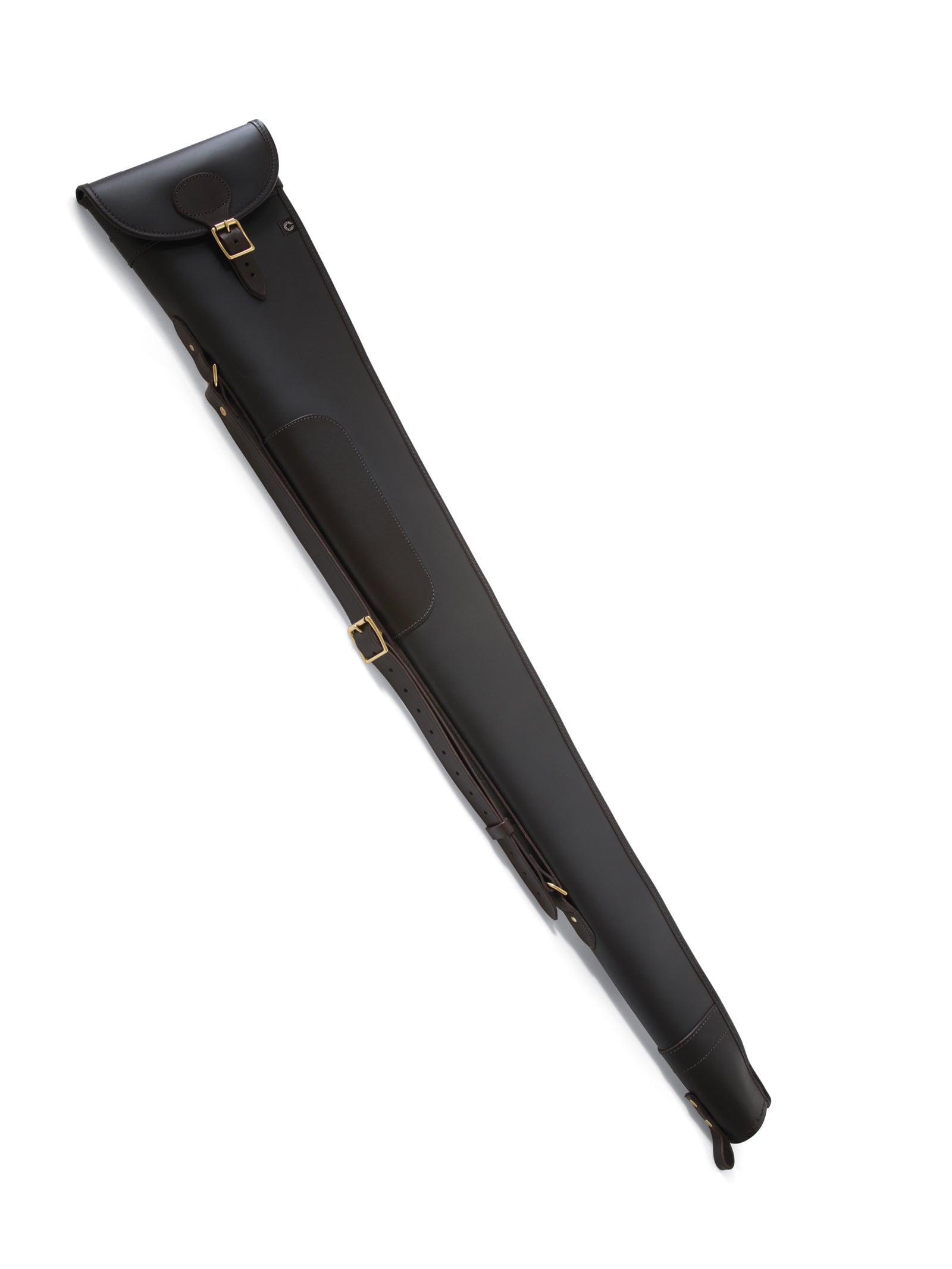 The Campbell's of Beauly Leather Gunslip is a long, dark brown leather shotgun case with brass buckles and an adjustable shoulder strap, shown on a white background.