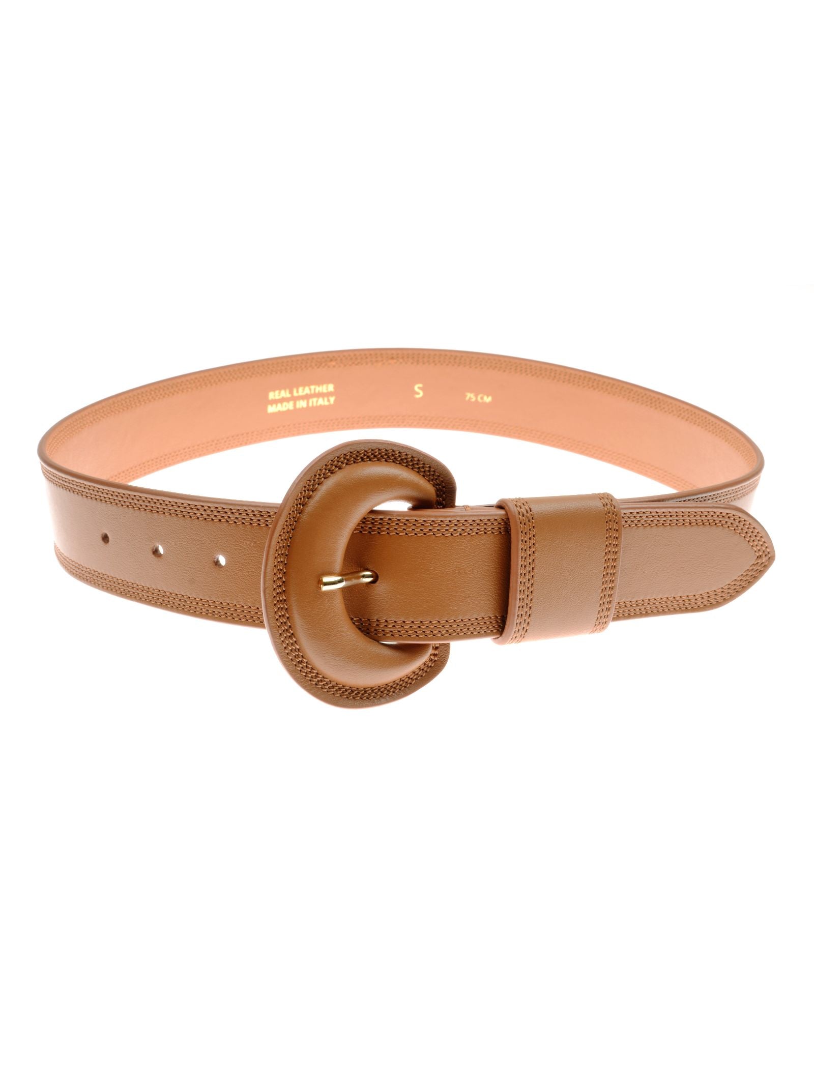 The Campbell's of Beauly Caramel Leather Belt for women features textured edges, a rounded brass buckle, multiple adjustment holes, and gold "Made in Italy" and size stamping on the inside.