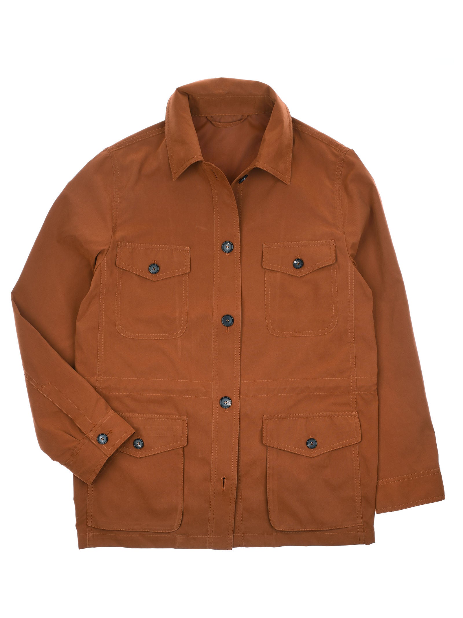 The Lightweight Aigas Field Jacket by Campbell's of Beauly is rust-colored with long sleeves, a collar, button closure, and four front pockets. This Italian-made jacket is displayed flat on a white background.