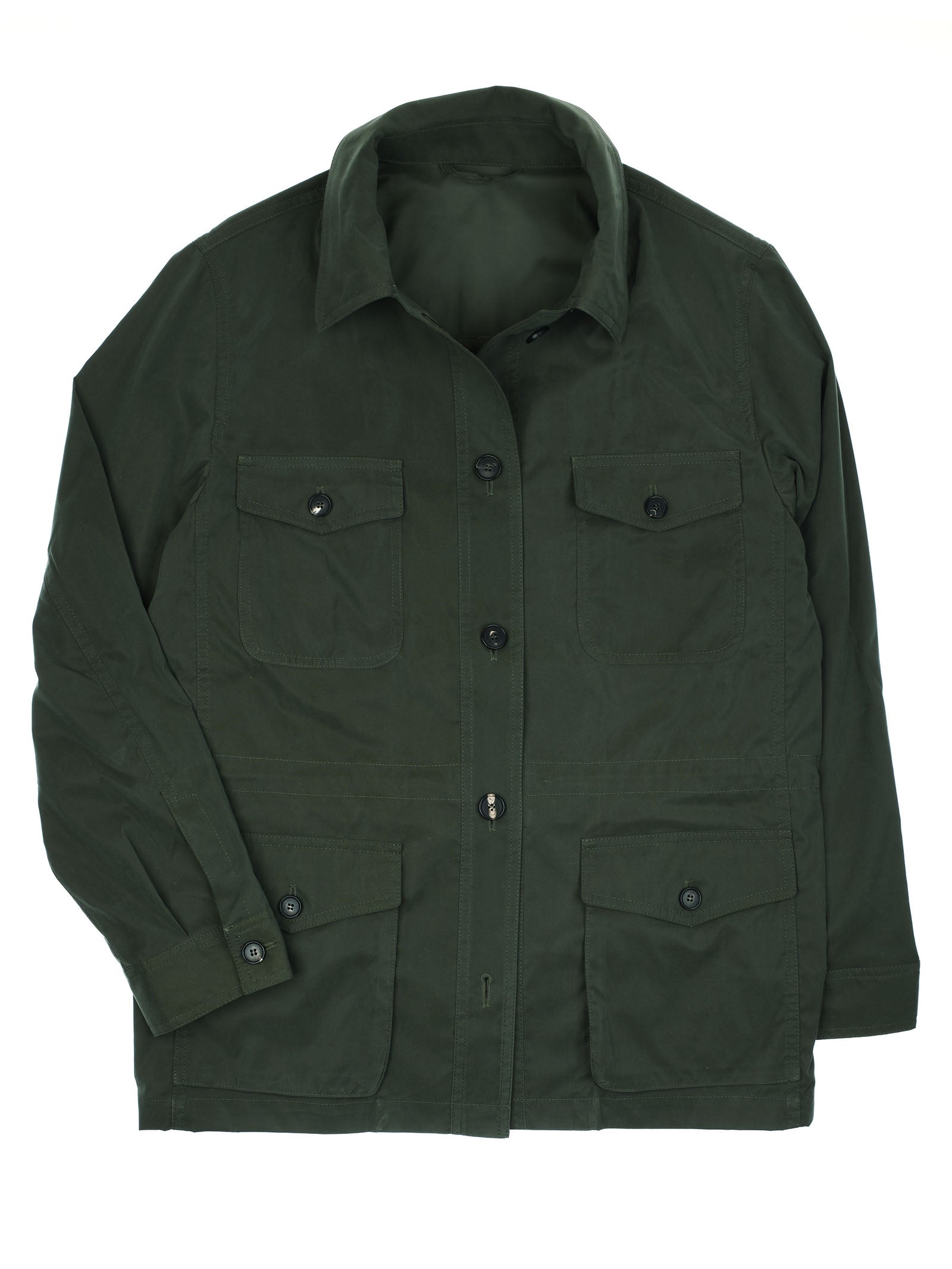 A dark green Lightweight Aigas Field Jacket by Campbell's of Beauly, inspired by classic Italian styles, featuring a collar and four front flap pockets, is laid flat on a white background.