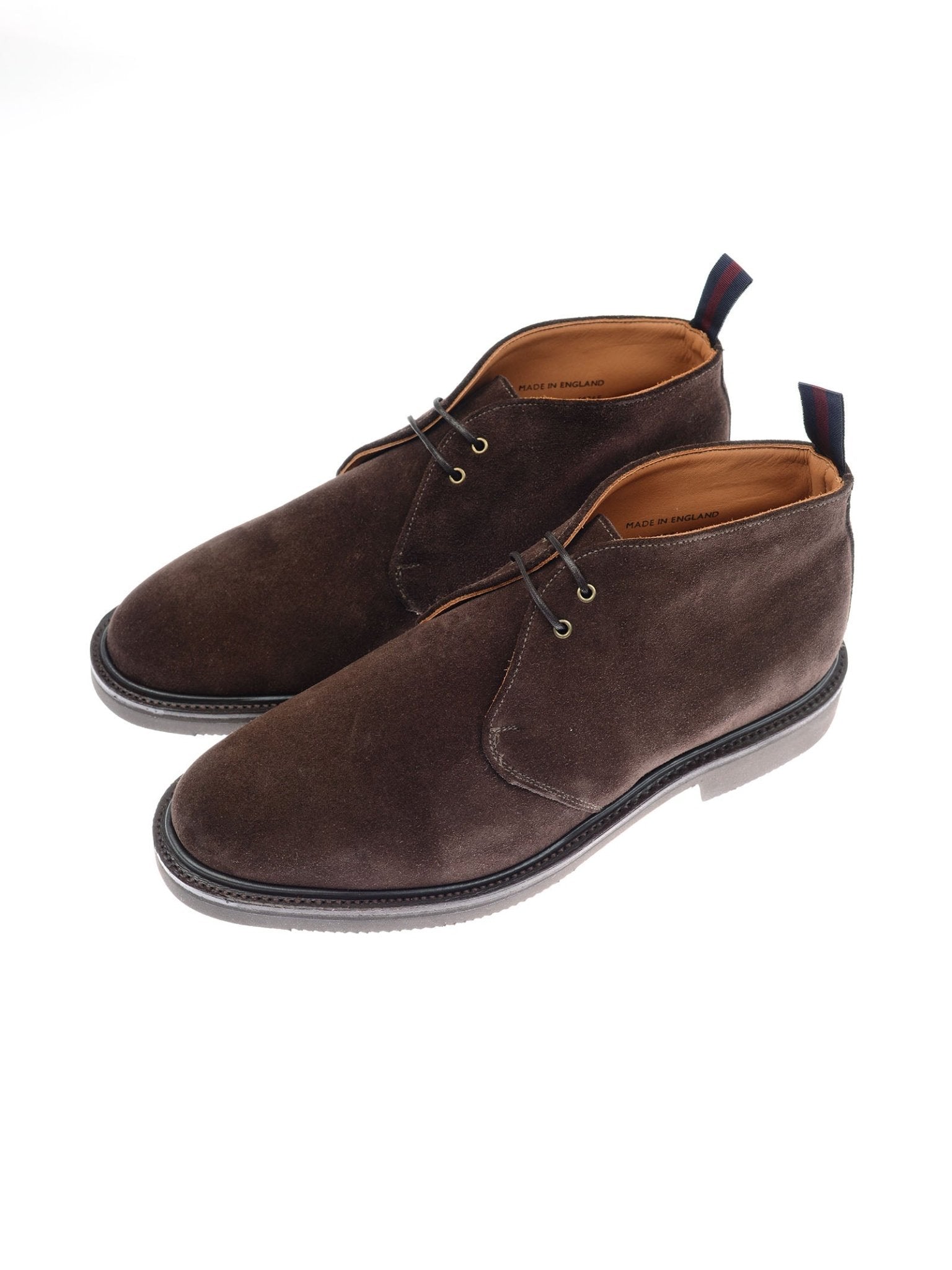 A pair of Campbell's of Beauly Lomond Boots in brown suede, featuring dark soles and a tan leather interior, are placed side by side on a white background.