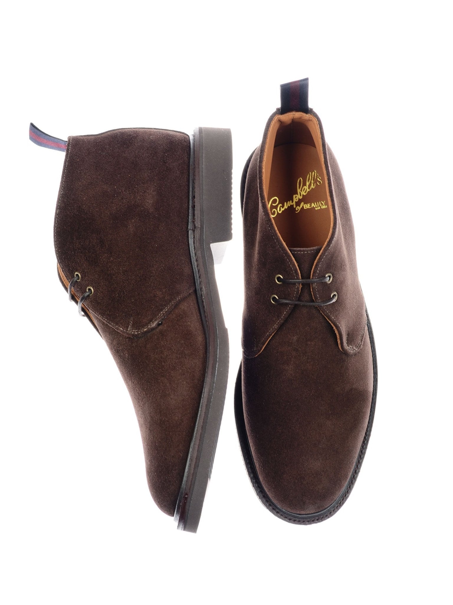 Pair of brown suede Lomond Boots with laces, one shoe upright showing the Campbell's of Beauly label inside, the other shoe on its side, both set against a white background.