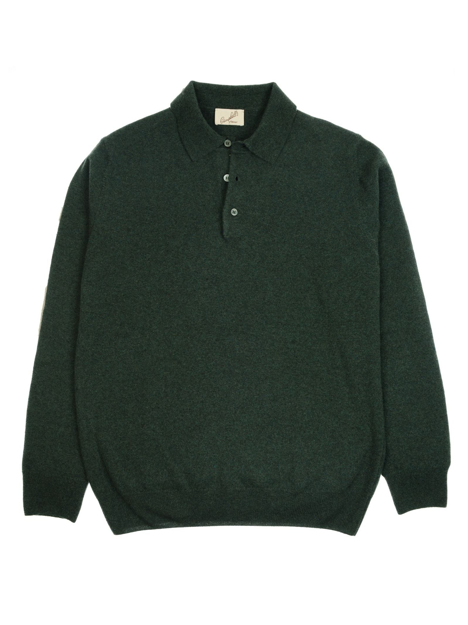 A Merino & Cashmere Rugby by Campbell’s of Beauly in dark green, featuring long sleeves, a collared neckline with three buttons on the placket, and a subtle tailored silhouette inspired by fine Italian knitwear, displayed flat against a white background.