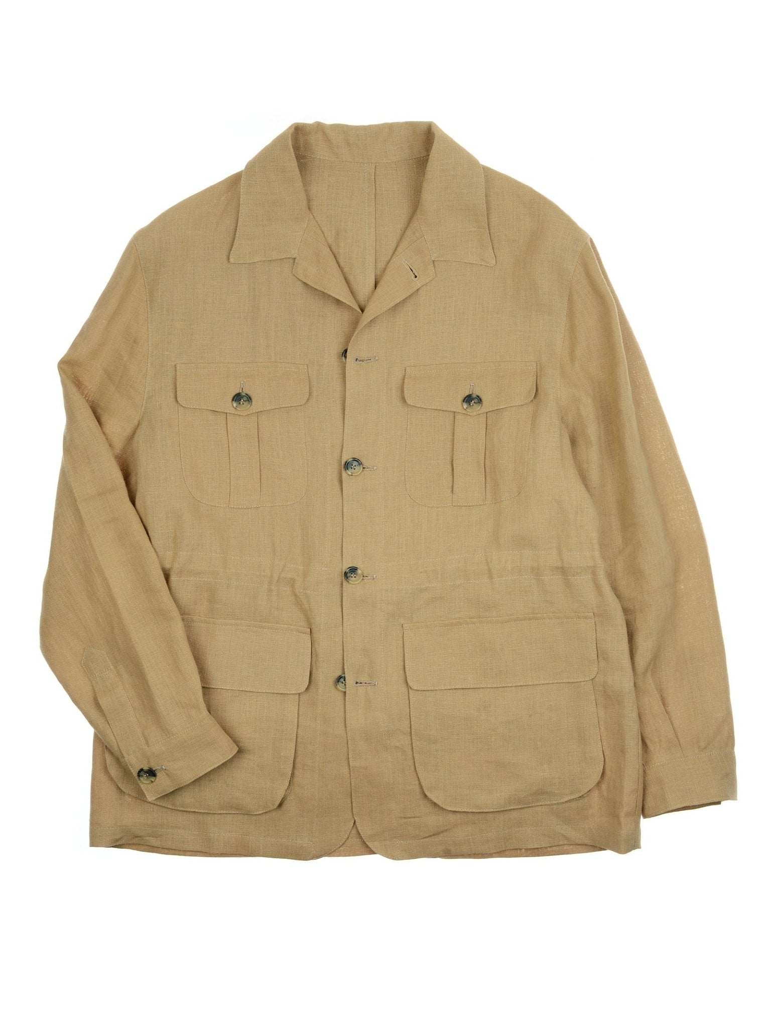 The Campbell's of Beauly Linen Safari Jacket is a light brown, breathable linen jacket with long sleeves, collar, button-down front, and four flap pockets—an ideal casual layer shown flat on a white background.