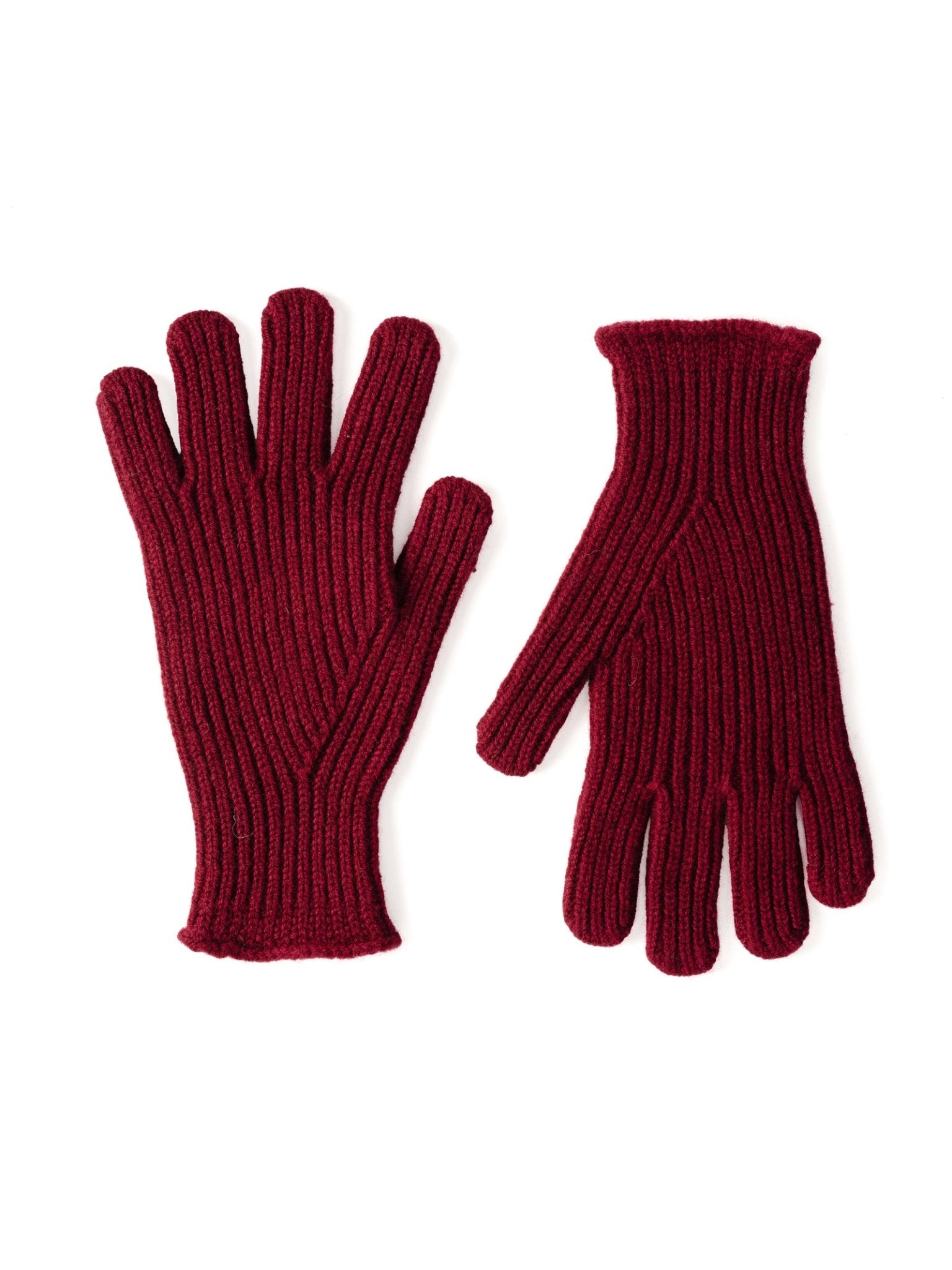Campbell's of Beauly Lambswool Rib Gloves in burgundy are laid flat on a white background, one displaying the palm and the other the back, showcasing their ribbed design.