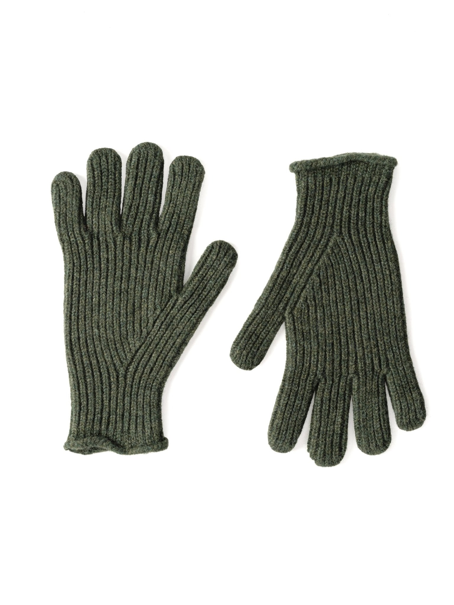 Campbell's of Beauly Lambswool Rib Gloves in dark green are shown on a white background, with one glove palm up and the other palm down.