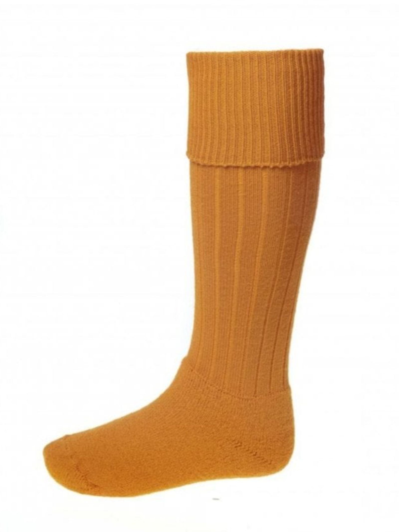 The Scarba Shooting Sock by Campbell's of Beauly is a single knee-high orange sock with a ribbed texture and folded cuff, shown against a white background.