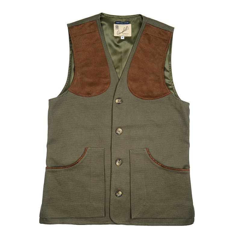 The Campbell's of Beauly Cotton Shooting Waistcoat is an olive green gilet with brown suede shoulder patches, button front, and suede-trimmed pockets. It has a label at the collar, smooth lining, and is ideal for countryside pursuits.