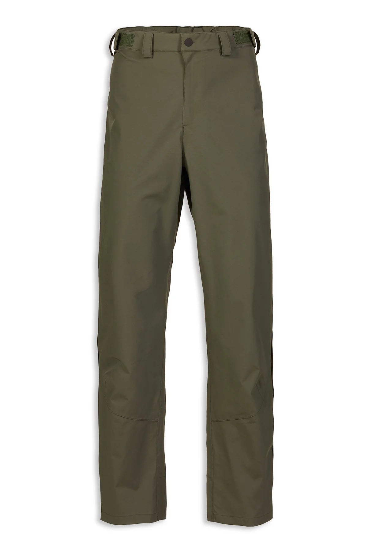 The Musto Fenland Pack Trouser 2.0 in Deep Green features a straight-leg waterproof design with articulated knees, belt loops, button closure, and side pockets, shown against a white background.