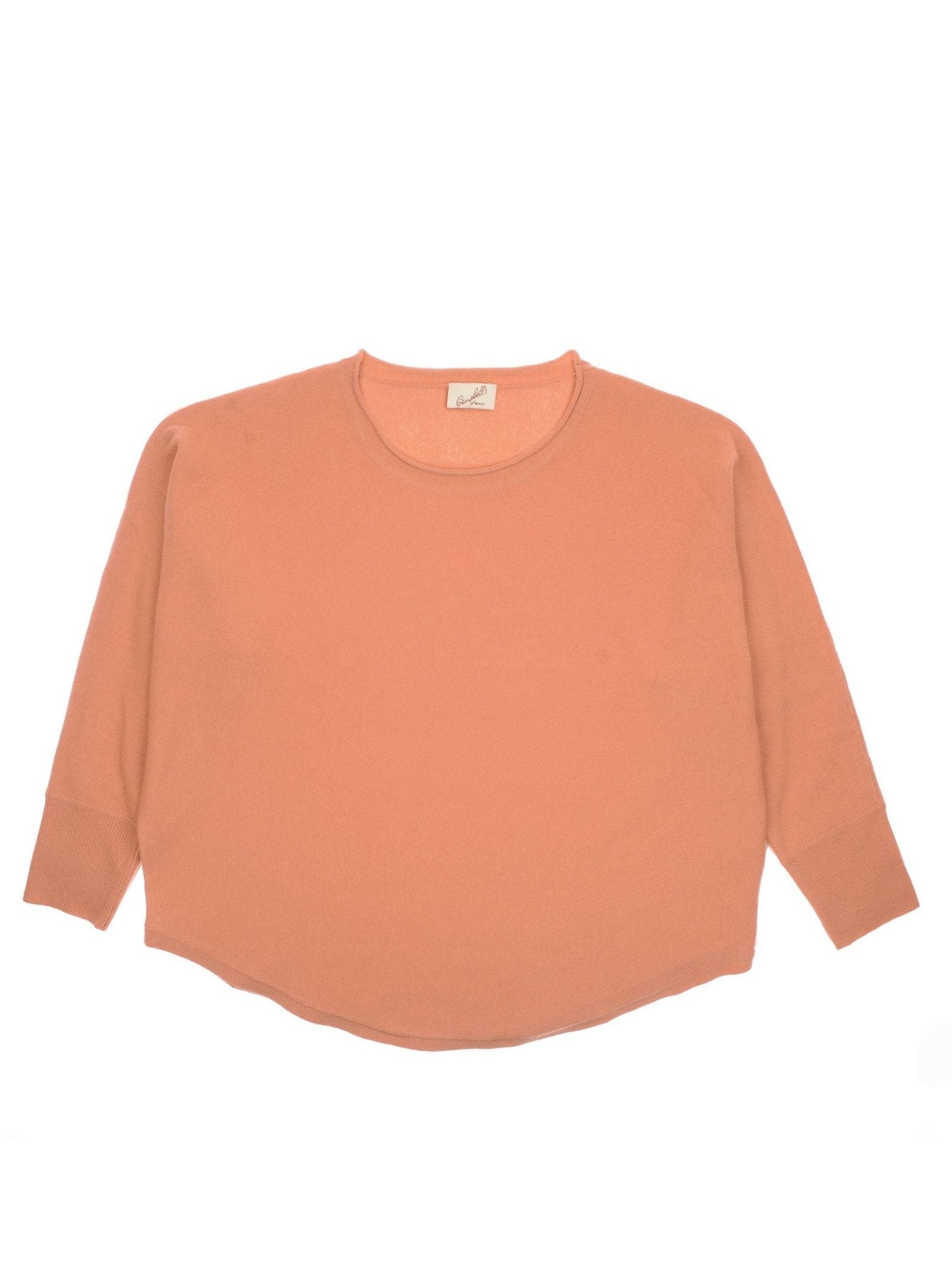 The Campbell's of Beauly Merino Cashmere Boat Neck Jumper in peach features long sleeves, a rounded hem, ribbed cuffs, and is shown laid flat on a white background.