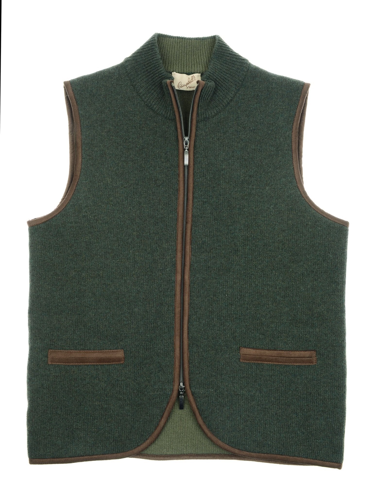 The Campbell's of Beauly Merino Cashmere Gilet is a dark green ladies zip gilet with brown trim and two front pockets, shown laid flat on a white background—a stylish countryside-inspired piece.