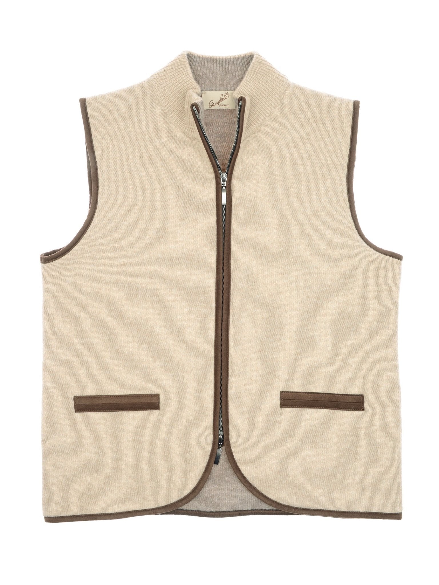The Merino Cashmere Gilet by Campbell’s of Beauly is a beige sleeveless women’s vest with brown trim, front zip, two horizontal pockets, and a high collar—melding classic design with timeless countryside appeal.