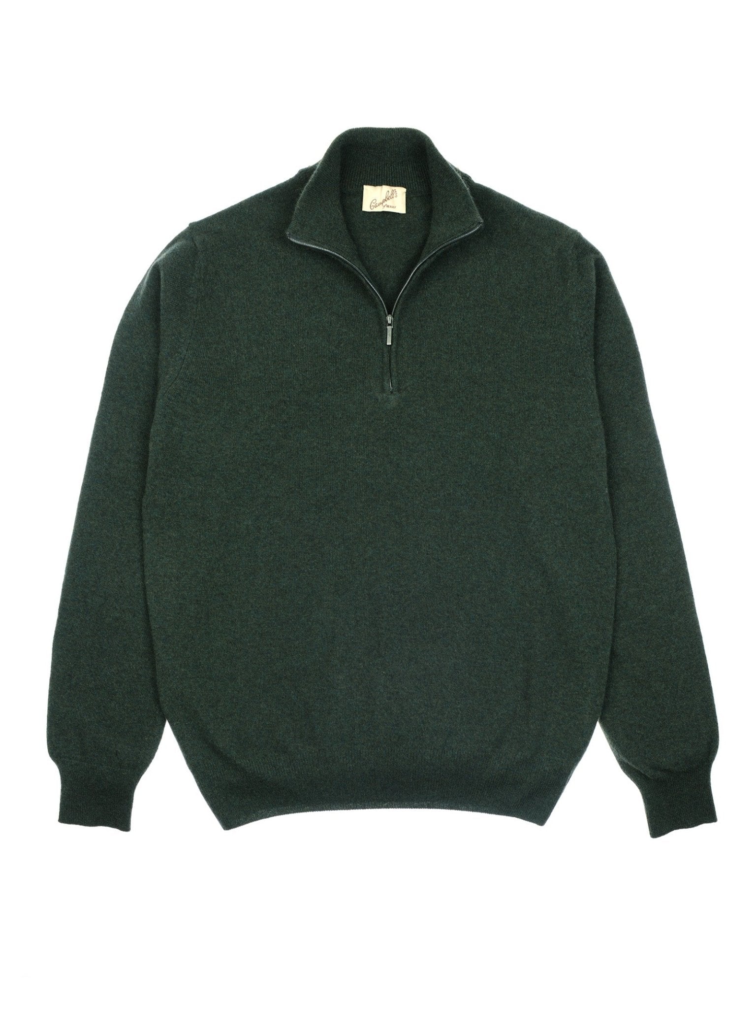 The Campbell's of Beauly Merino & Cashmere Quarter Zip Jumper in dark green features fine gauge knit, long sleeves, and a quarter-zip collar, shown laid flat on a white background.