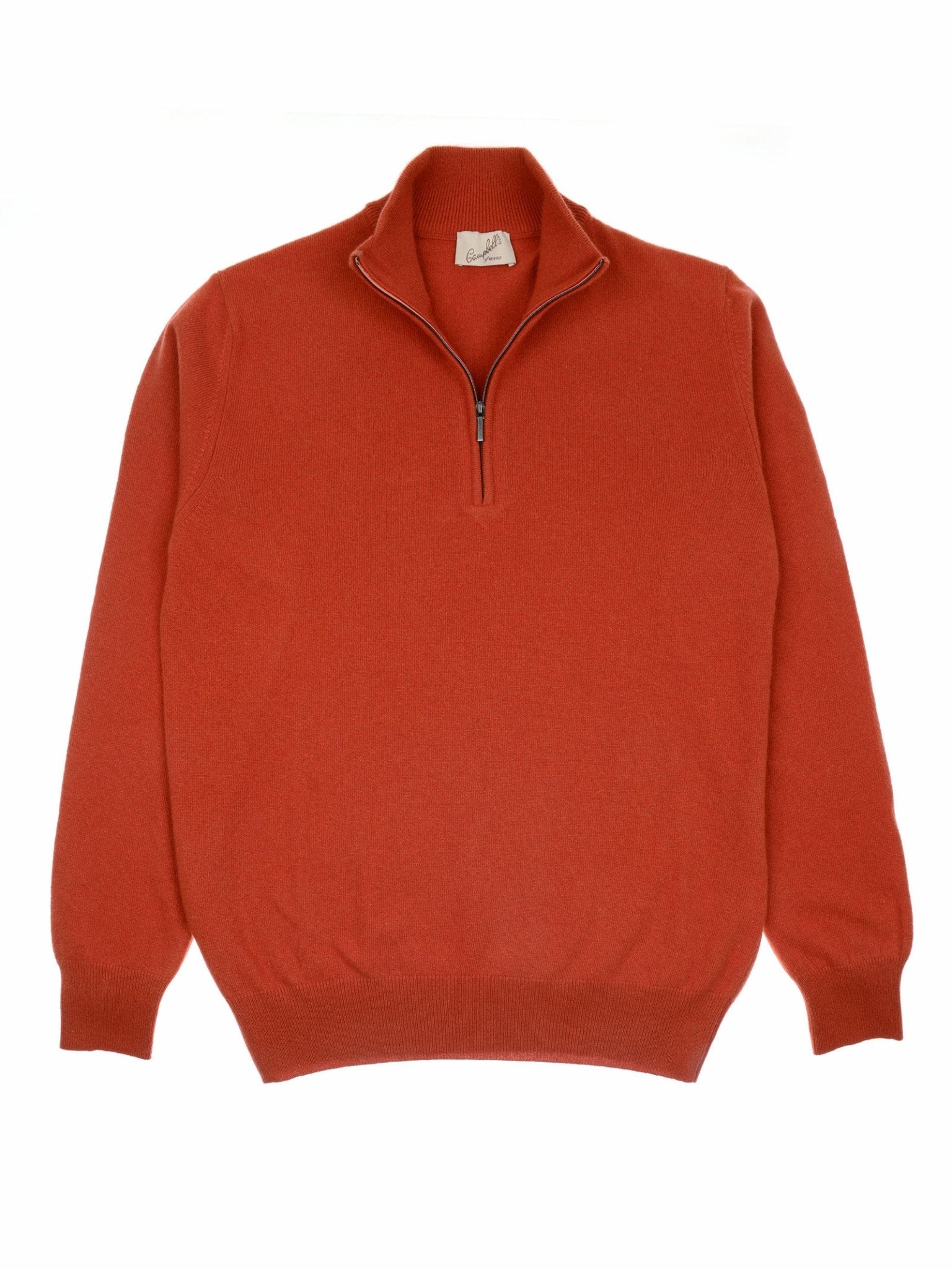 The Campbell's of Beauly Merino & Cashmere Quarter Zip Jumper in orange features a fine gauge knit, stand collar, and long sleeves, shown laid flat on a white background.