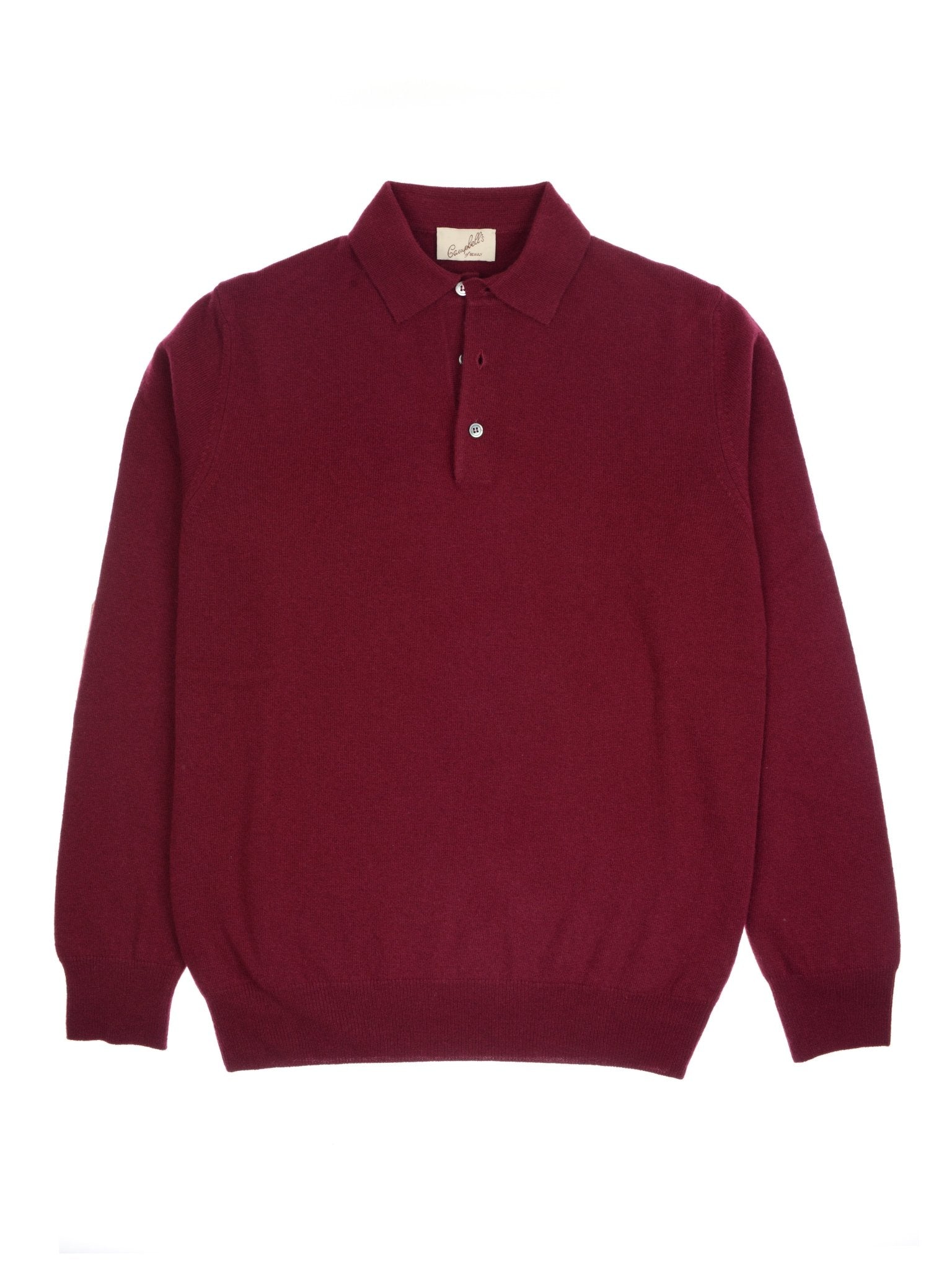 The Campbell's of Beauly Merino & Cashmere Rugby is a long-sleeve, burgundy polo sweater with a collar and three-button placket in a tailored silhouette, shown laid flat on a white background.