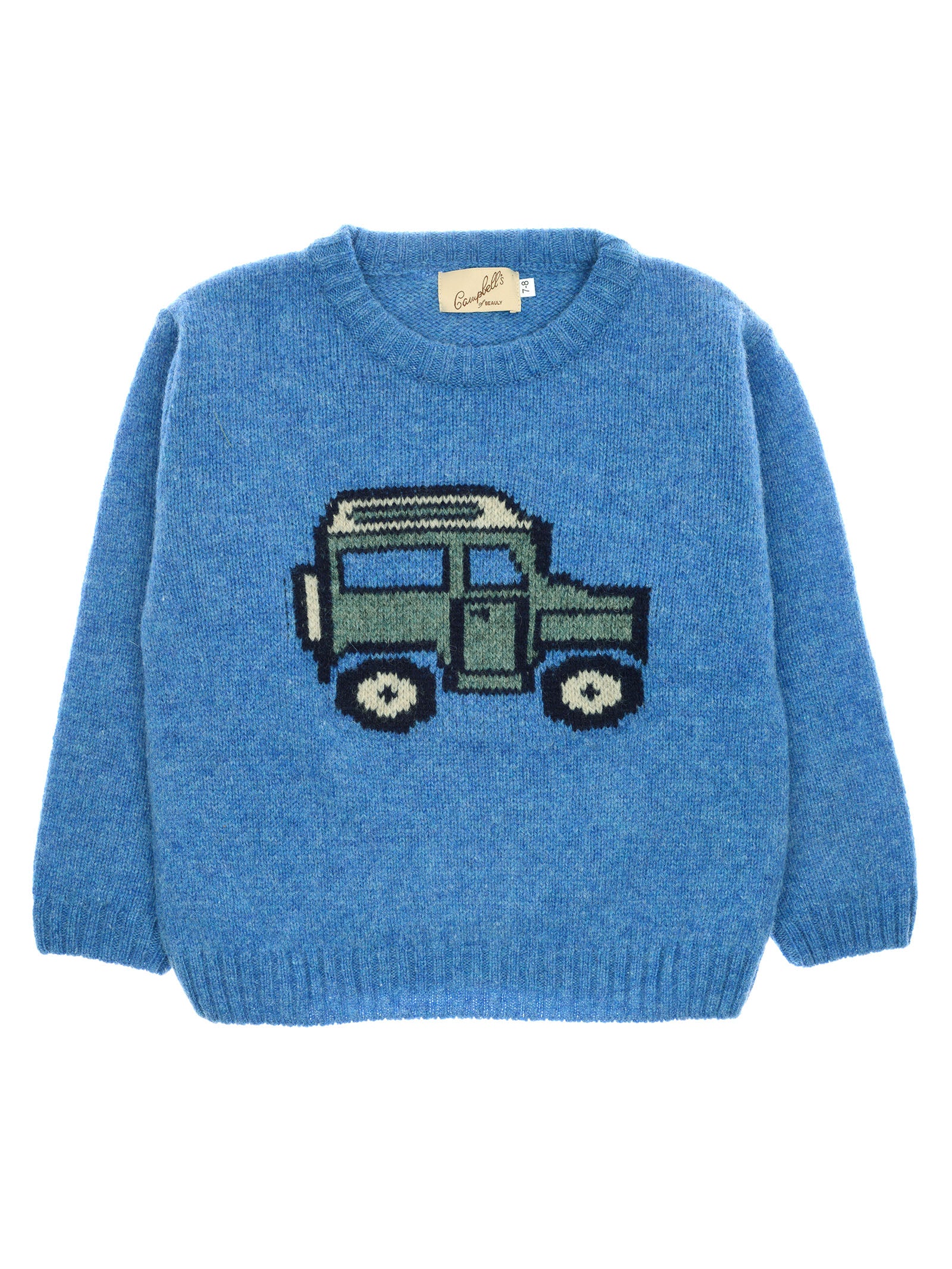 Unisex Mini Land Rover Defender Jumper by Campbell’s of Beauly—a blue children’s sweater with a round neck and long sleeves, featuring a knitted green car with black wheels on the front. Inspired by the iconic Land Rover Defender Jumper design, this classic knitwear piece is a stylish and versatile choice for everyday adventures.