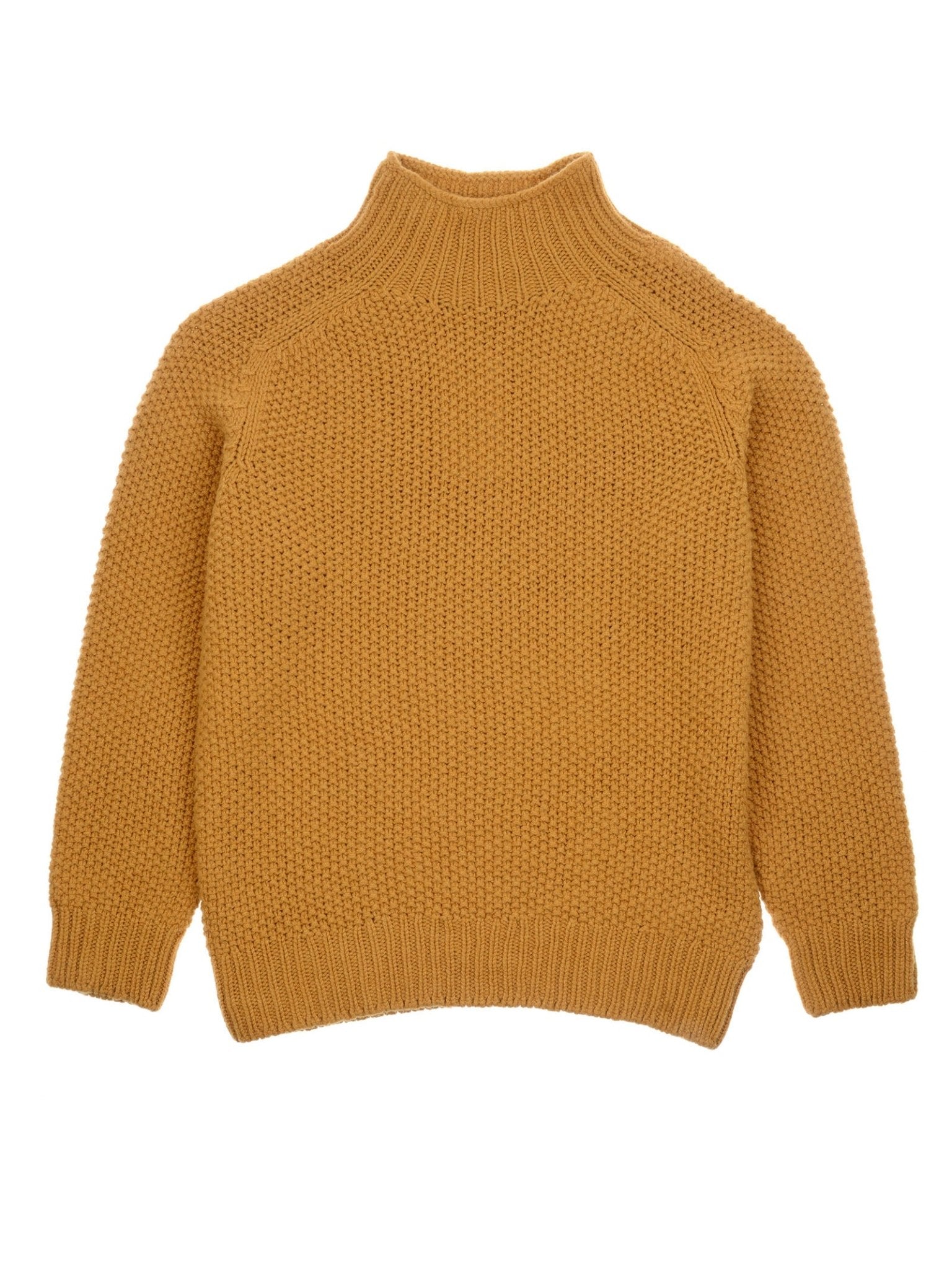 The Chunky Moss Stitch Polo by Campbell's of Beauly is a mustard yellow, lambswool chunky-knit sweater with long sleeves, a ribbed collar, and textured pattern, made in Scotland and shown laid flat on a white background.