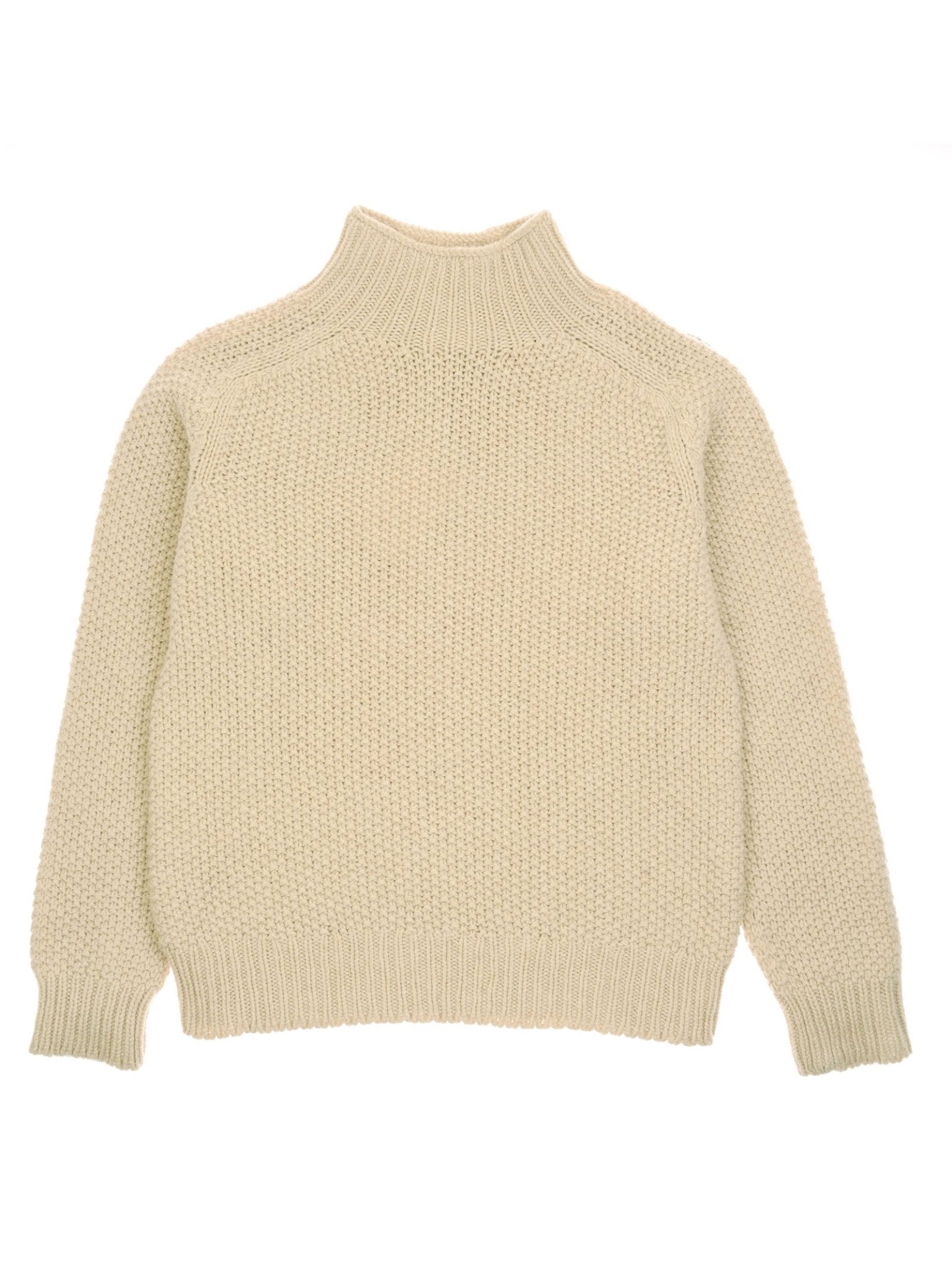 The Campbell's of Beauly Chunky Moss Stitch Polo is a cream-colored, chunky-knit sweater crafted in Scotland from soft lambswool, with long sleeves, ribbed polo neck collar, cuffs, and hem. Laid flat on a white background.