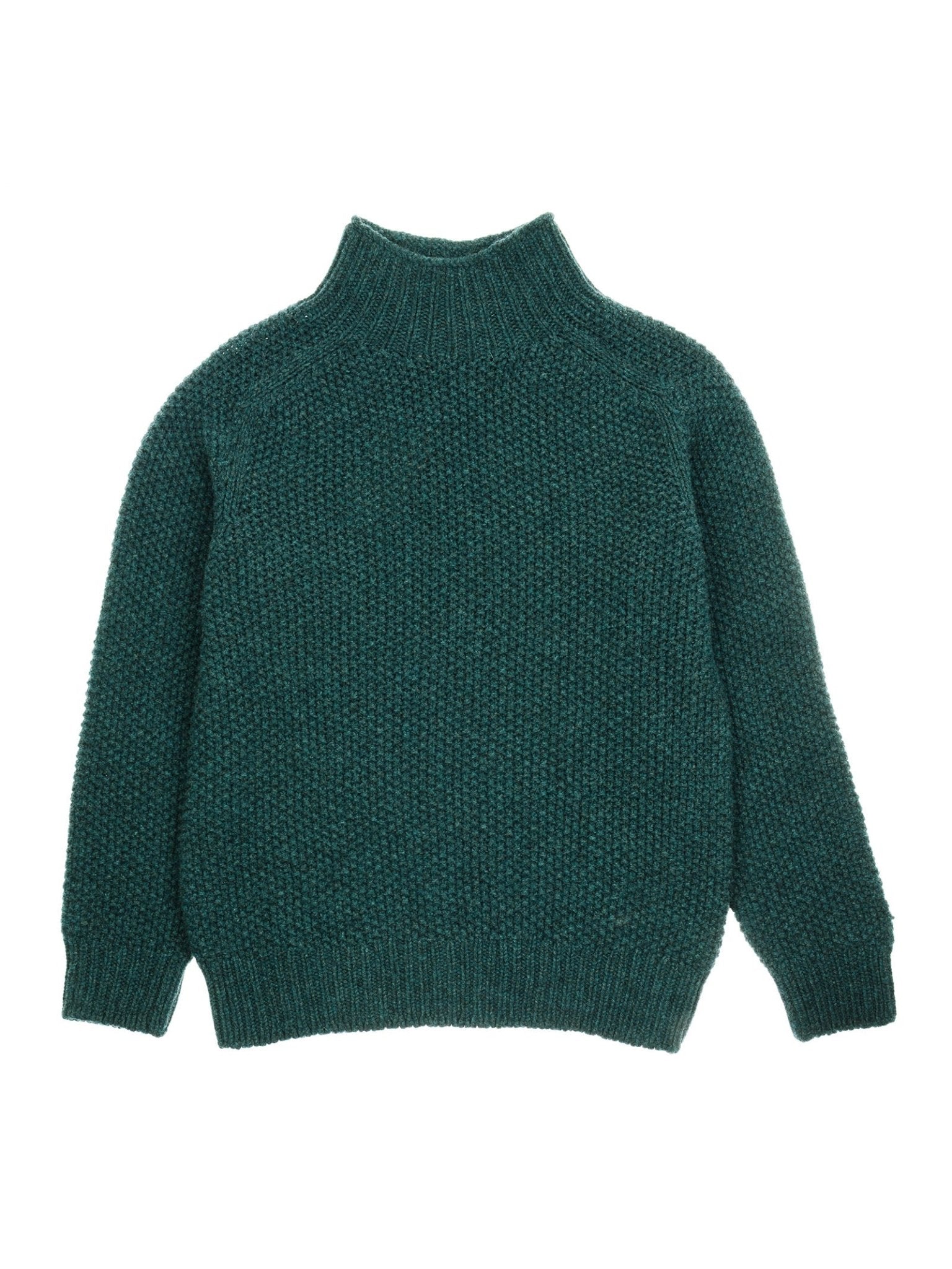 The Campbell's of Beauly Chunky Moss Stitch Polo is a dark green, chunky-knit sweater with a lambswool polo neck, long sleeves, and ribbed cuffs and hem, displayed flat on a white background.
